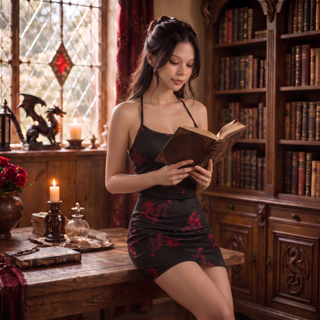 Red Chinese Dragon Shoe String Back Party Dress
