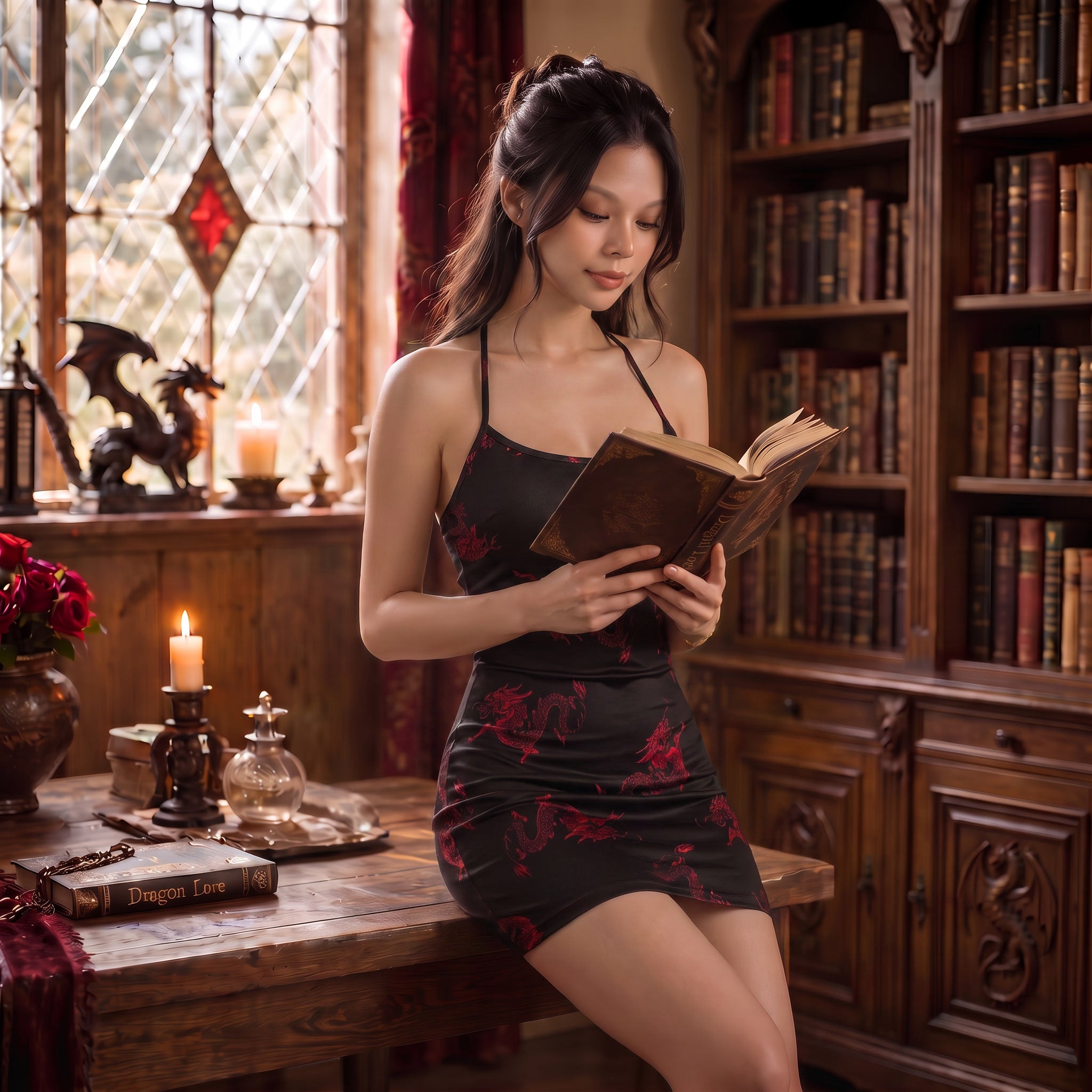 Red Chinese Dragon Shoe String Back Party Dress