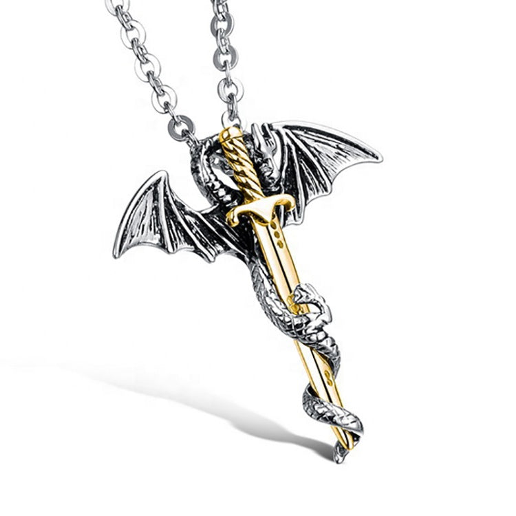 Stainless Steel Dragon Cross with Sword Pendant and Chain