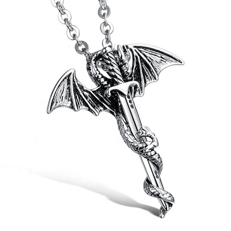 Stainless Steel Dragon Cross with Sword Pendant and Chain