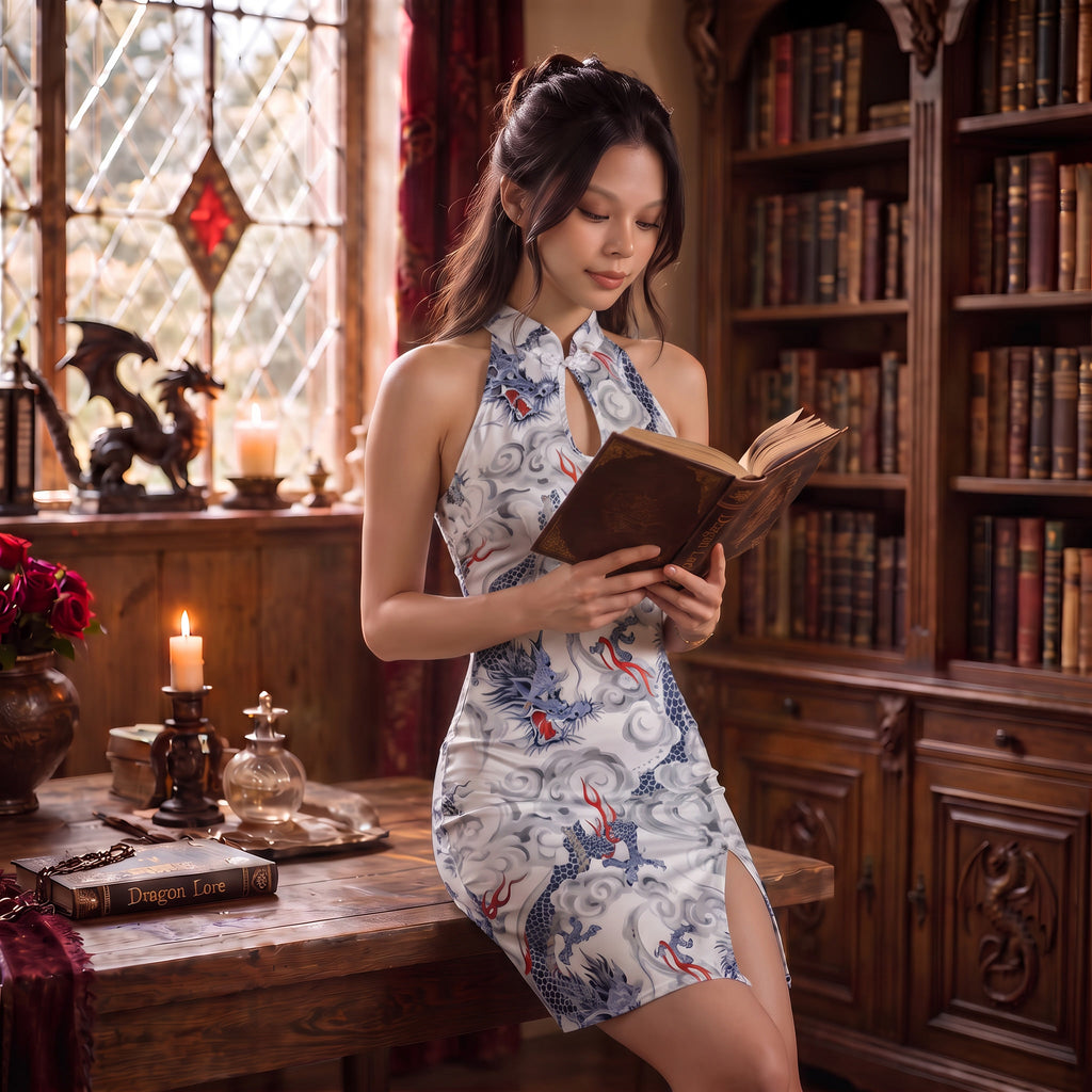 White Dress Multi Coloured Chinese Dragon Print