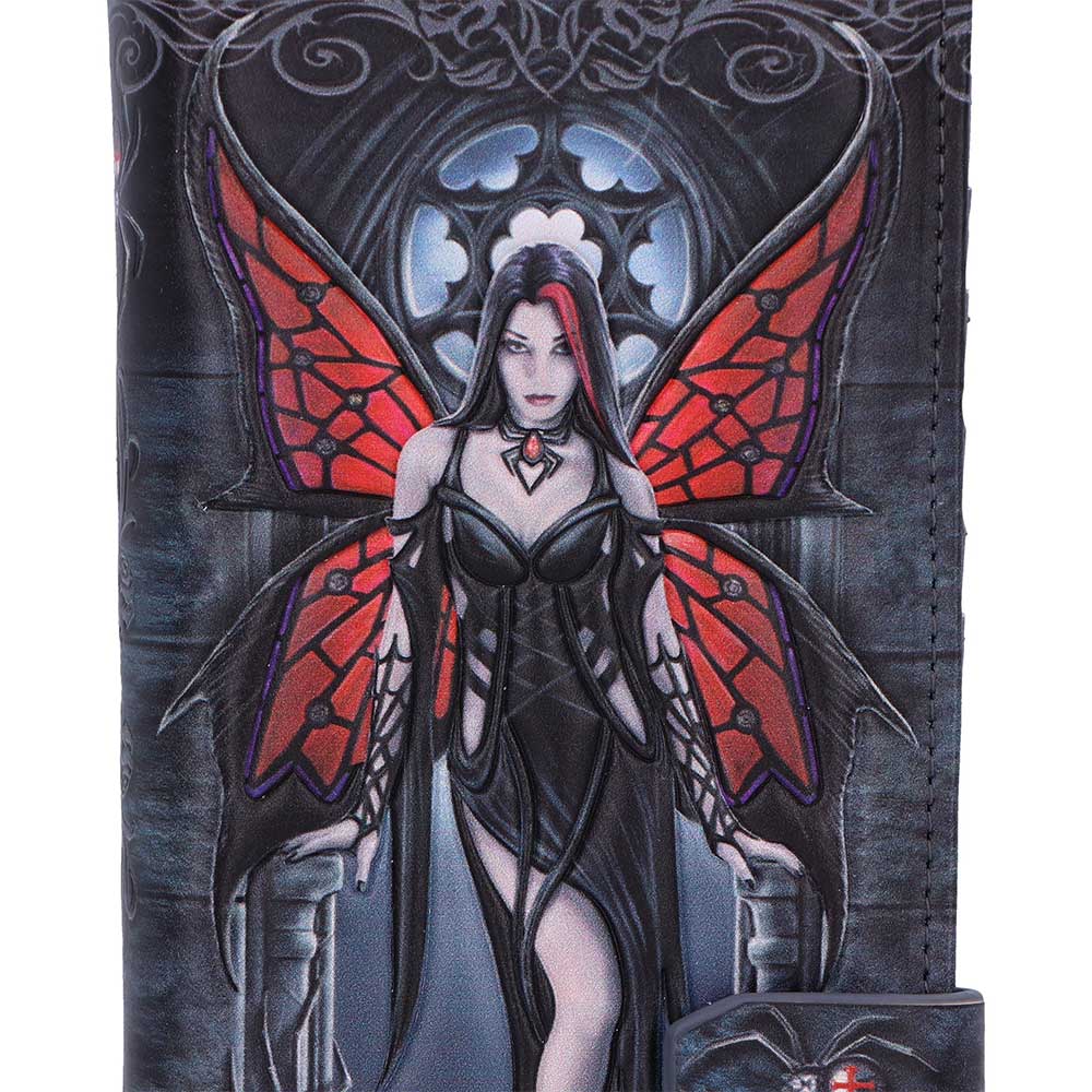 Close up of Aracnafaria fairy and spider clasp on embossed purse