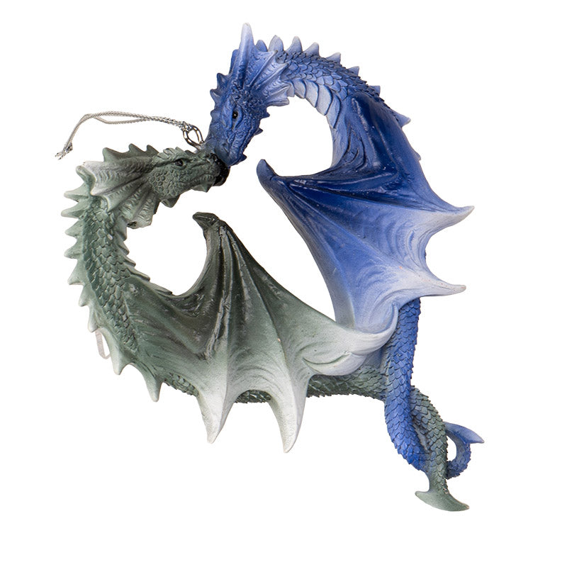 Anne Stokes Dragon Heart Ornament featuring two intertwined dragons forming a heart shape. Angled