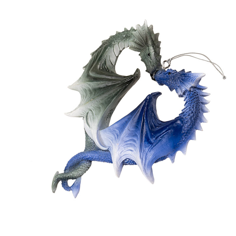 Anne Stokes Dragon Heart Ornament featuring two intertwined dragons forming a heart shape. Angled opposite