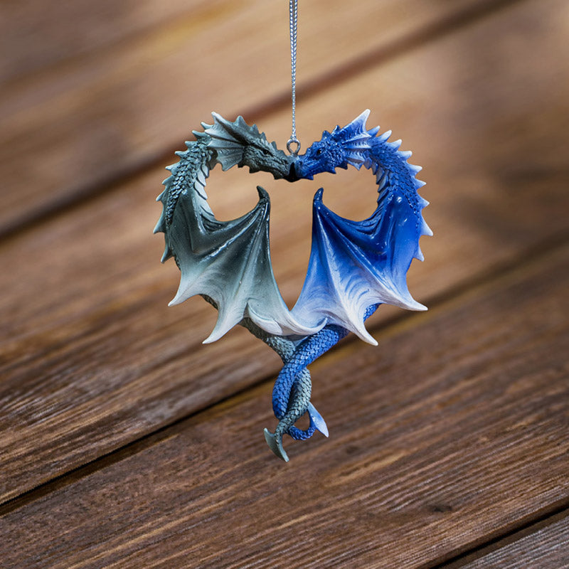 Anne Stokes Dragon Heart Ornament featuring two intertwined dragons forming a heart shape. Hanging