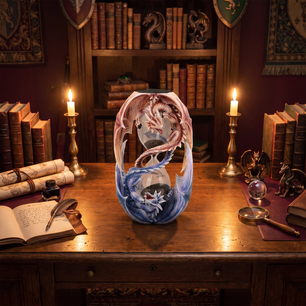 Anne Stokes Dragon Sandtimer featuring two entwined dragons surrounding a decorative glass hourglass lifestyle view