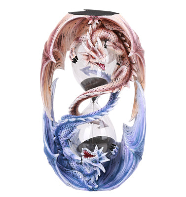 Anne Stokes Dragon Sandtimer featuring two entwined dragons surrounding a decorative glass hourglass front view