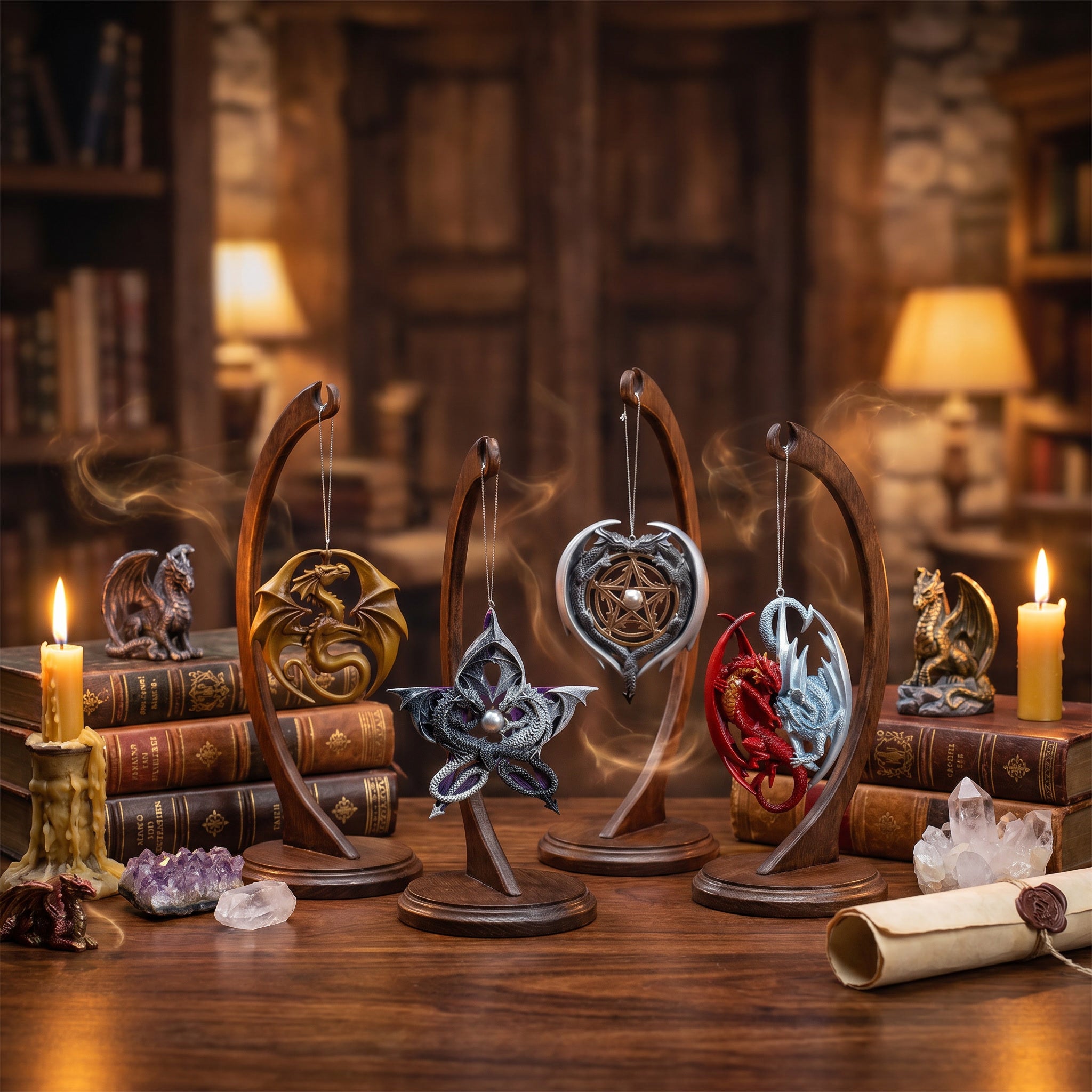 Collection of Anne Stokes dragon-themed hanging ornaments displayed in a premium fantasy boutique setting.