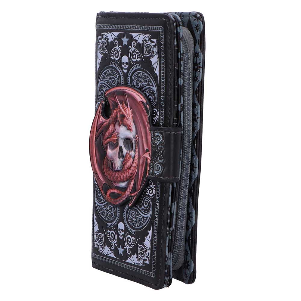 Anne Stokes Skull Embrace dragon wallet angled view with skull artwork