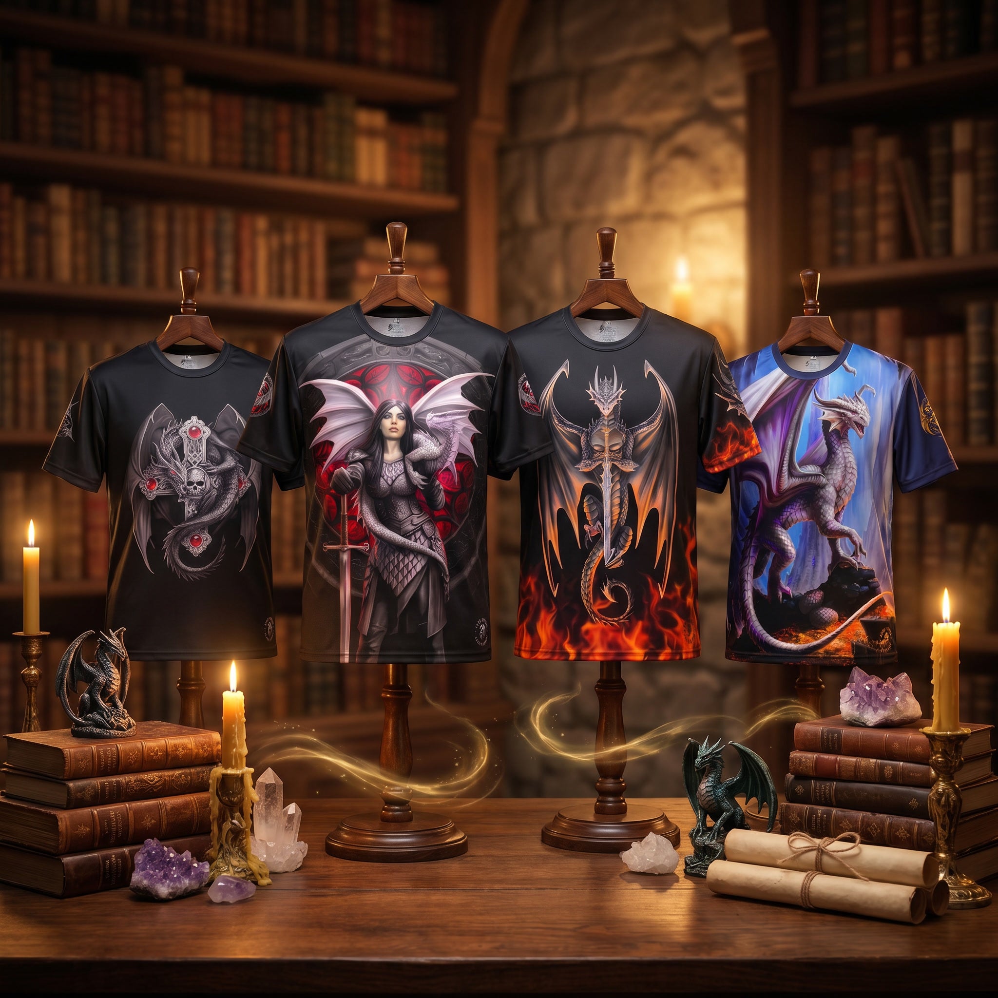 Collection of Anne Stokes dragon and fantasy artwork t-shirts displayed in a premium fantasy boutique setting.