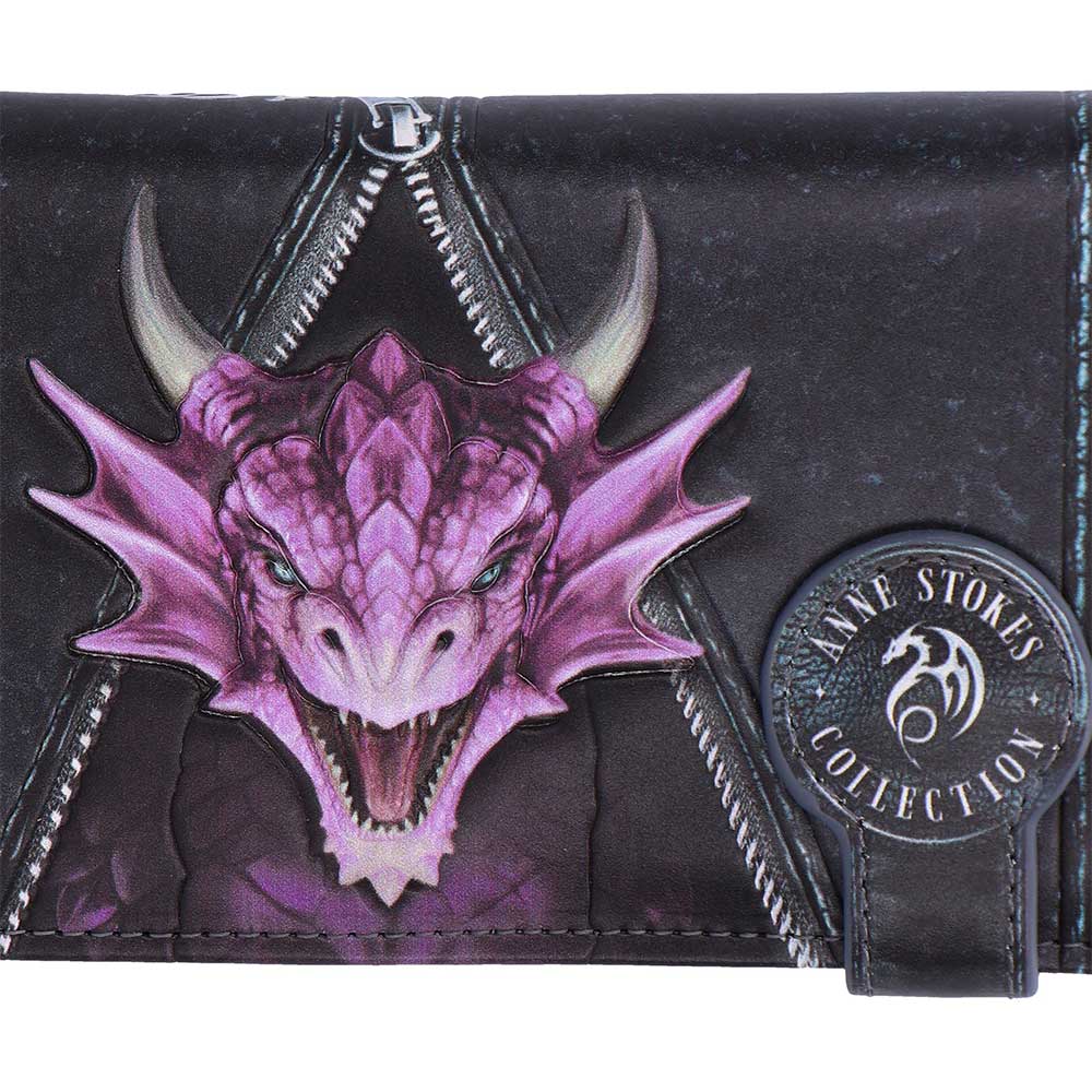 Close up of dragon head artwork on Anne Stokes purse