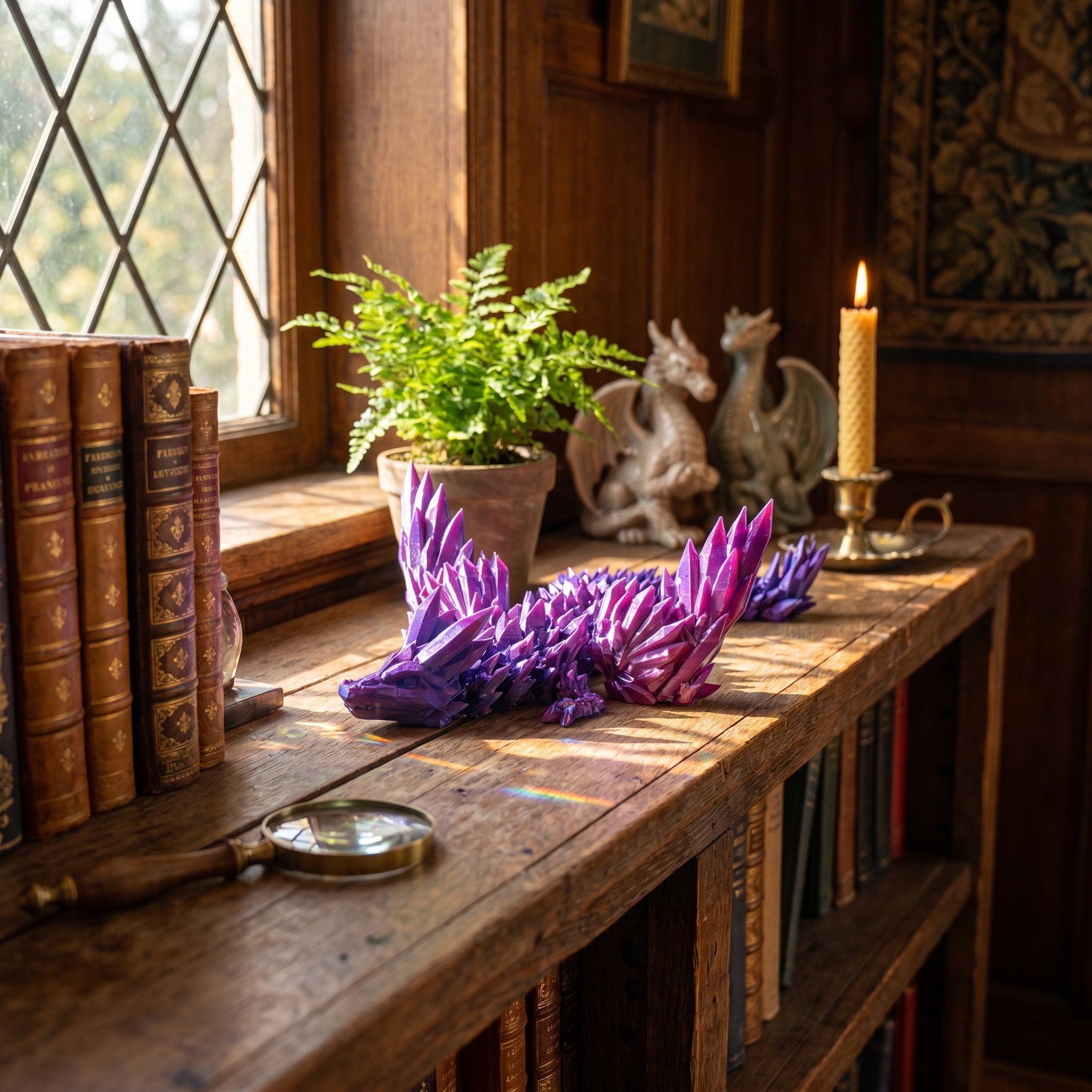 Crystal winged dragon collectible displayed on a rustic timber bookshelf with fantasy books, candle and morning sunlight streaming through a window.