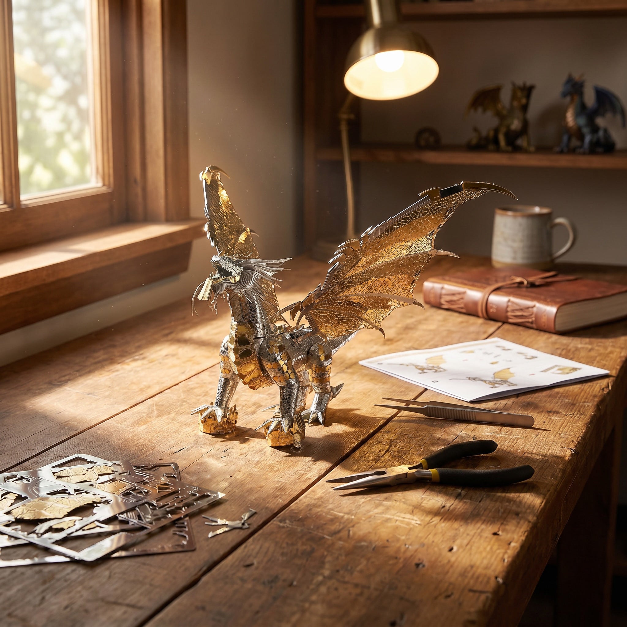 Completed dragon metal puzzle displayed on a rustic workshop bench beside precision tools, etched metal sheets and assembly instructions in warm afternoon light.