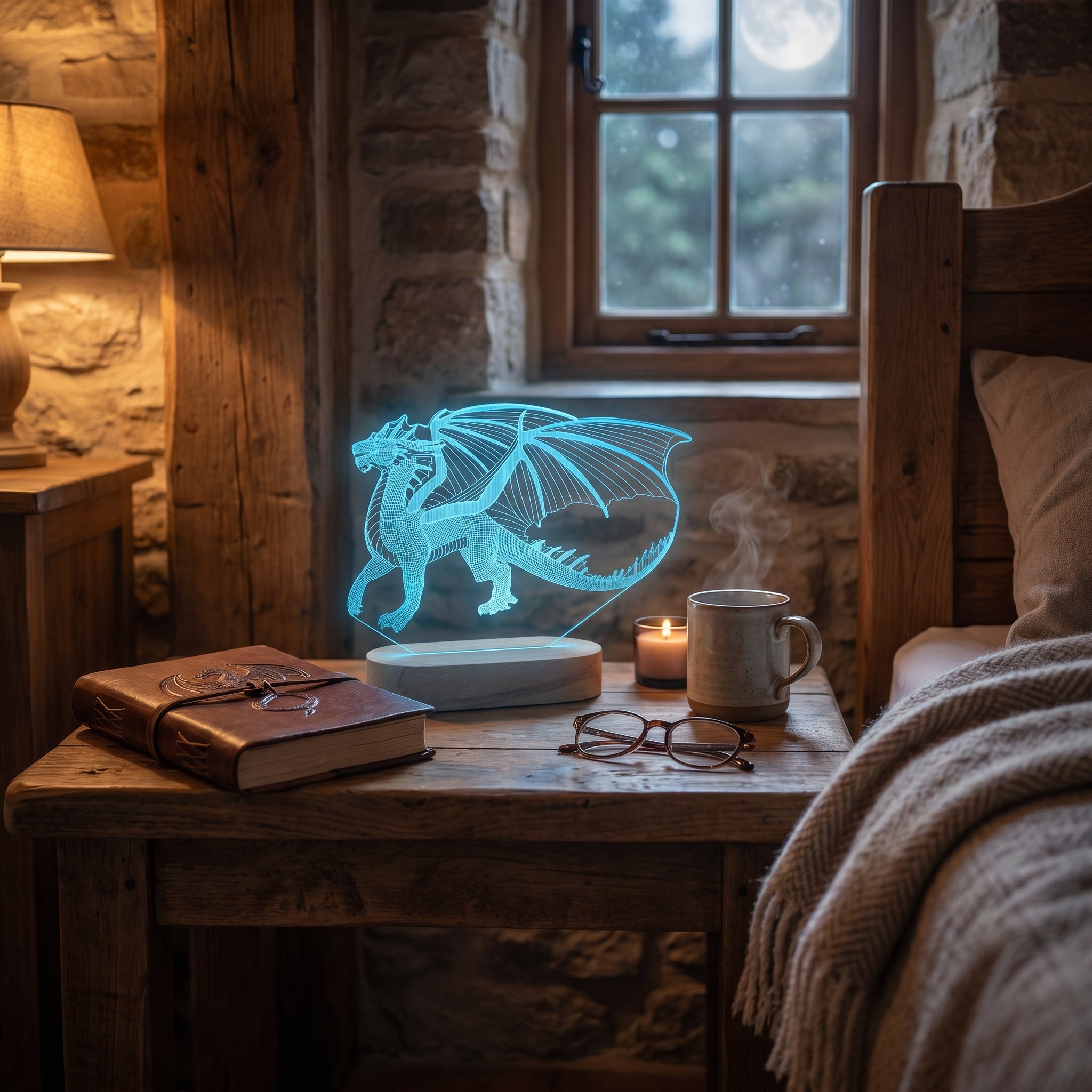 Dragon LED night light glowing warmly on a rustic bedside table beside a fantasy book, candle and steaming mug in a cosy bedroom.