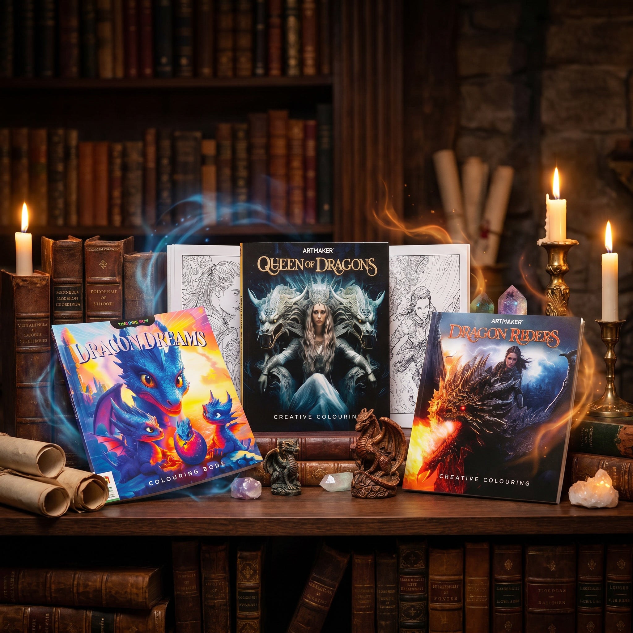 Children's dragon colouring books filled with magical fantasy artwork ready to colour.