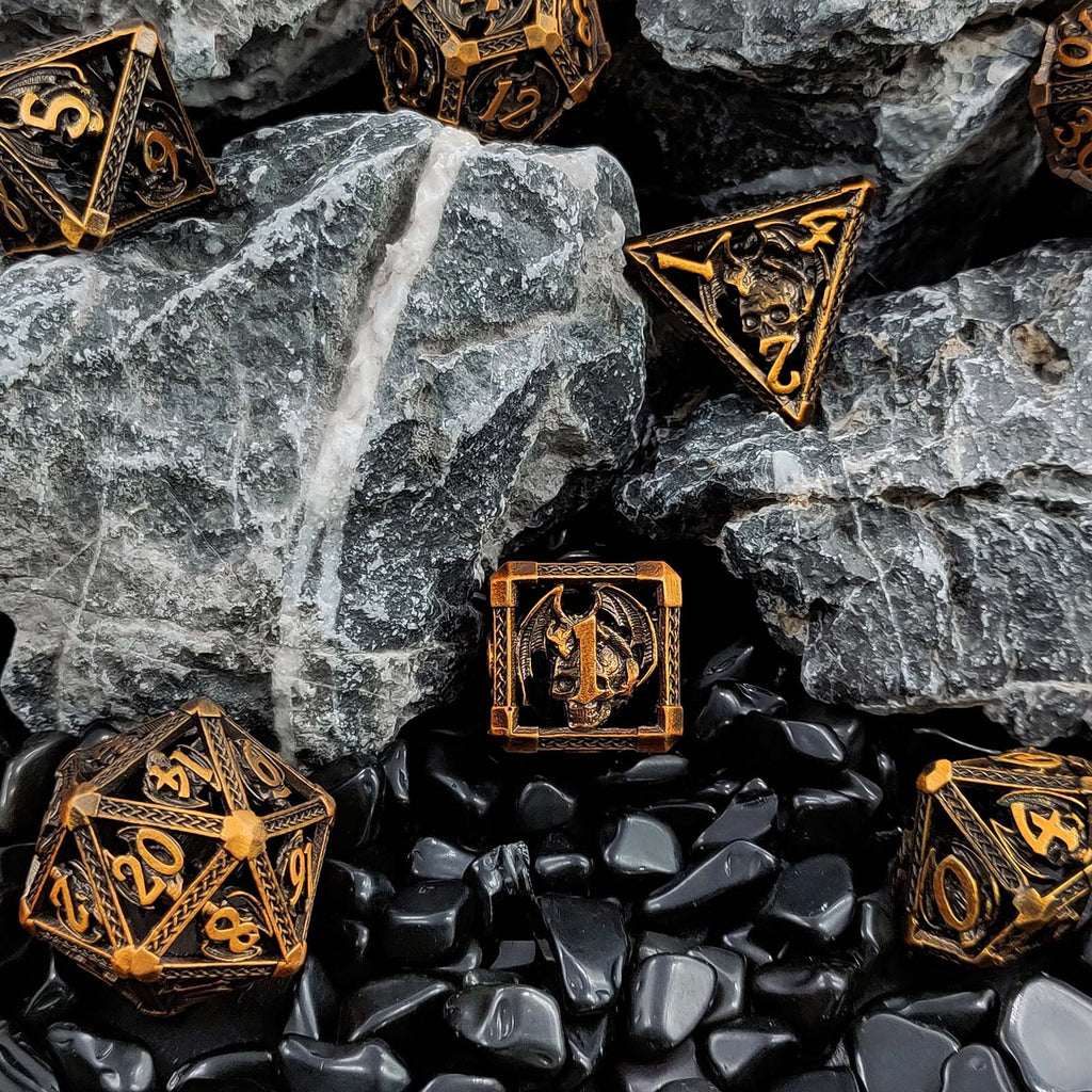 Dragon Skull Metal Dice Set – Bronze Highlights