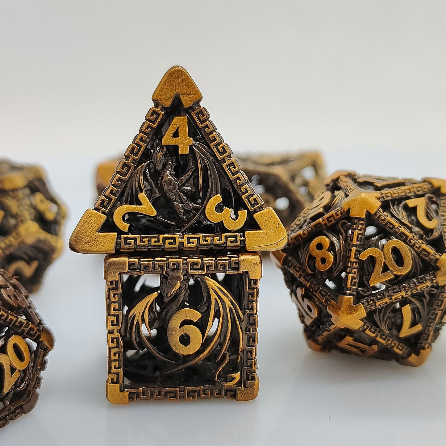 Wyvern Aztec Metal Dice Set – Bronze or Brass Highlights