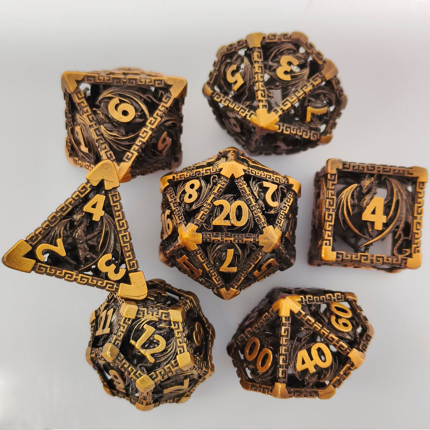 Wyvern Aztec Metal Dice Set – Bronze or Brass Highlights