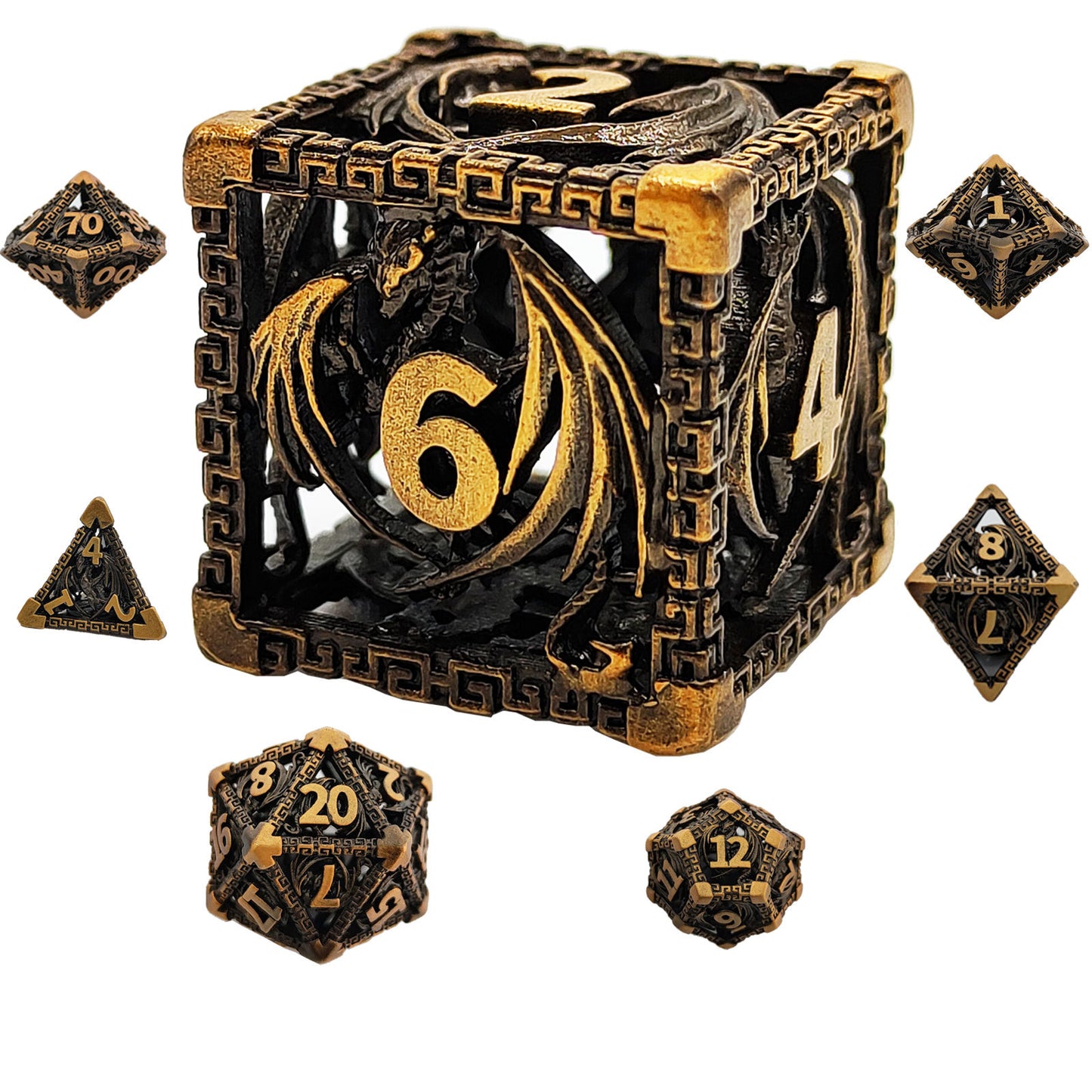 Wyvern Aztec Metal Dice Set – Bronze or Brass Highlights