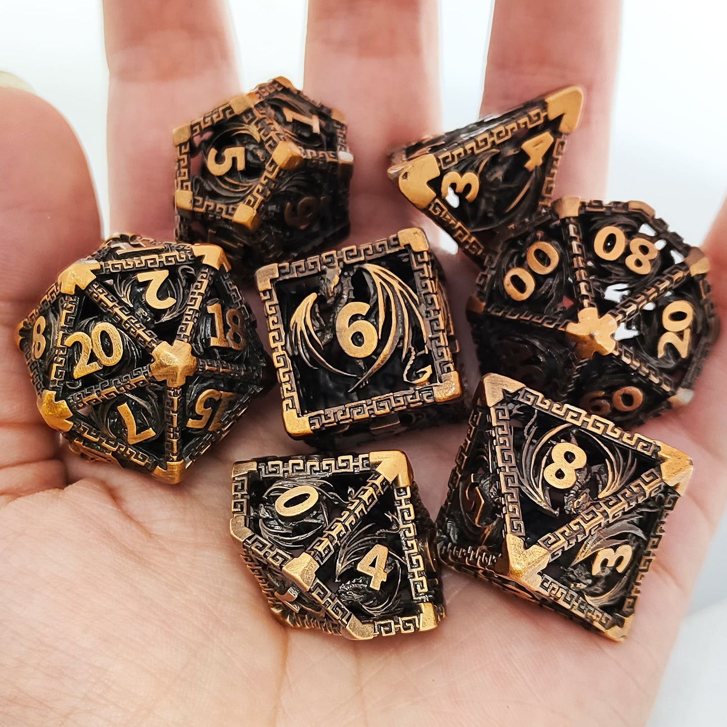 Wyvern Aztec Metal Dice Set – Bronze or Brass Highlights