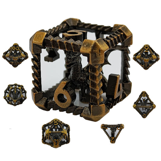 Caged Dragon Metal Dice Set – Brass Highlights