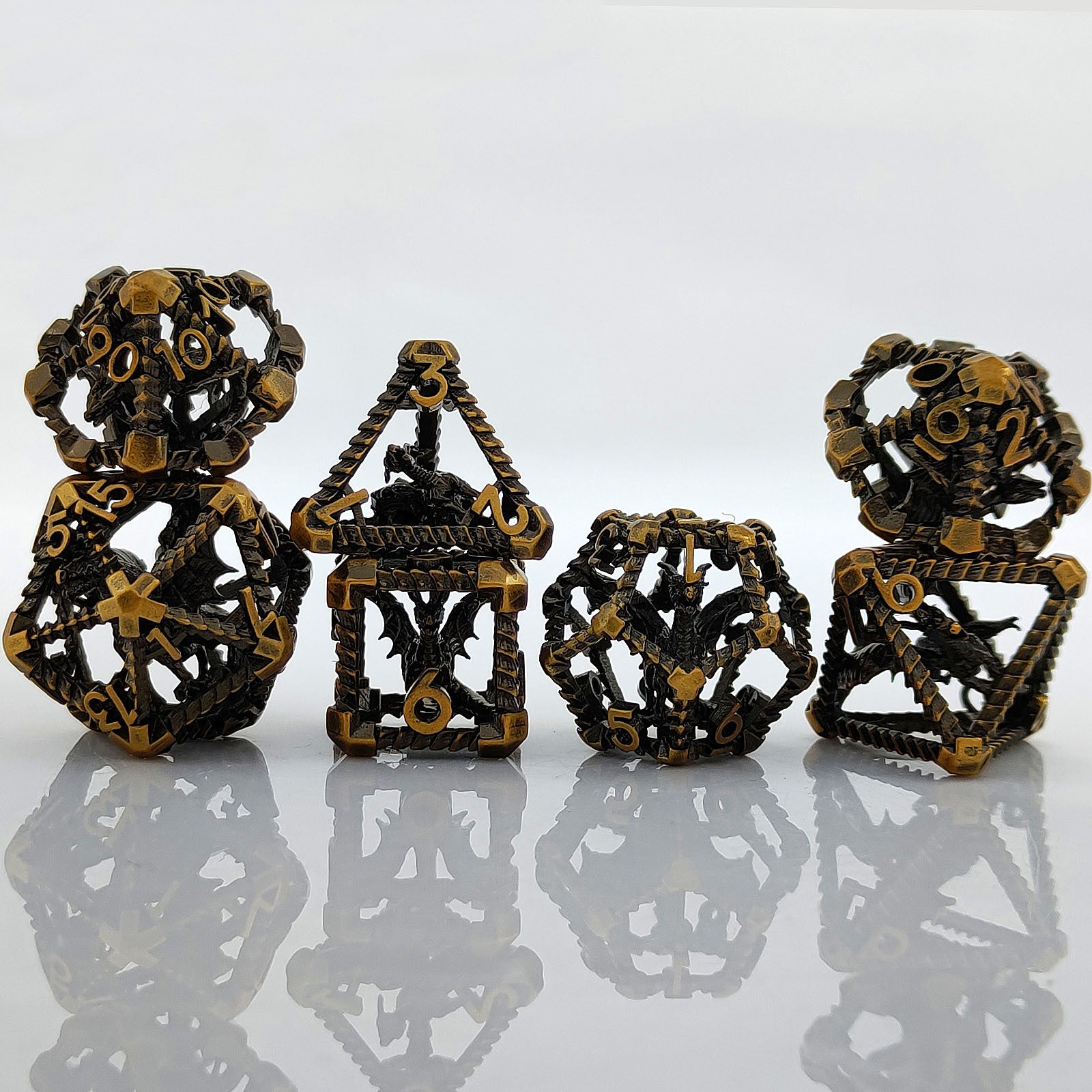 Caged Dragon Metal Dice Set – Brass Highlights