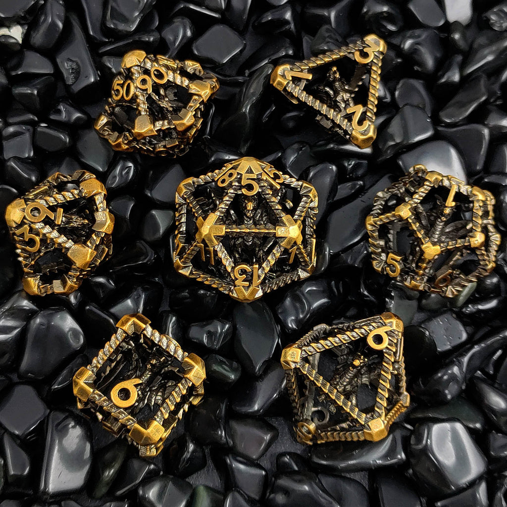 Caged Dragon Metal Dice Set – Brass Highlights