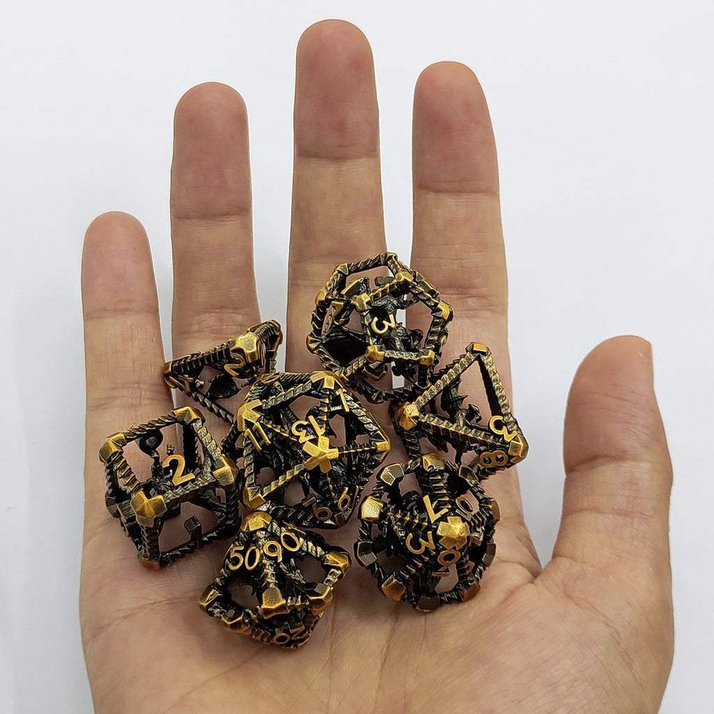 Caged Dragon Metal Dice Set – Brass Highlights