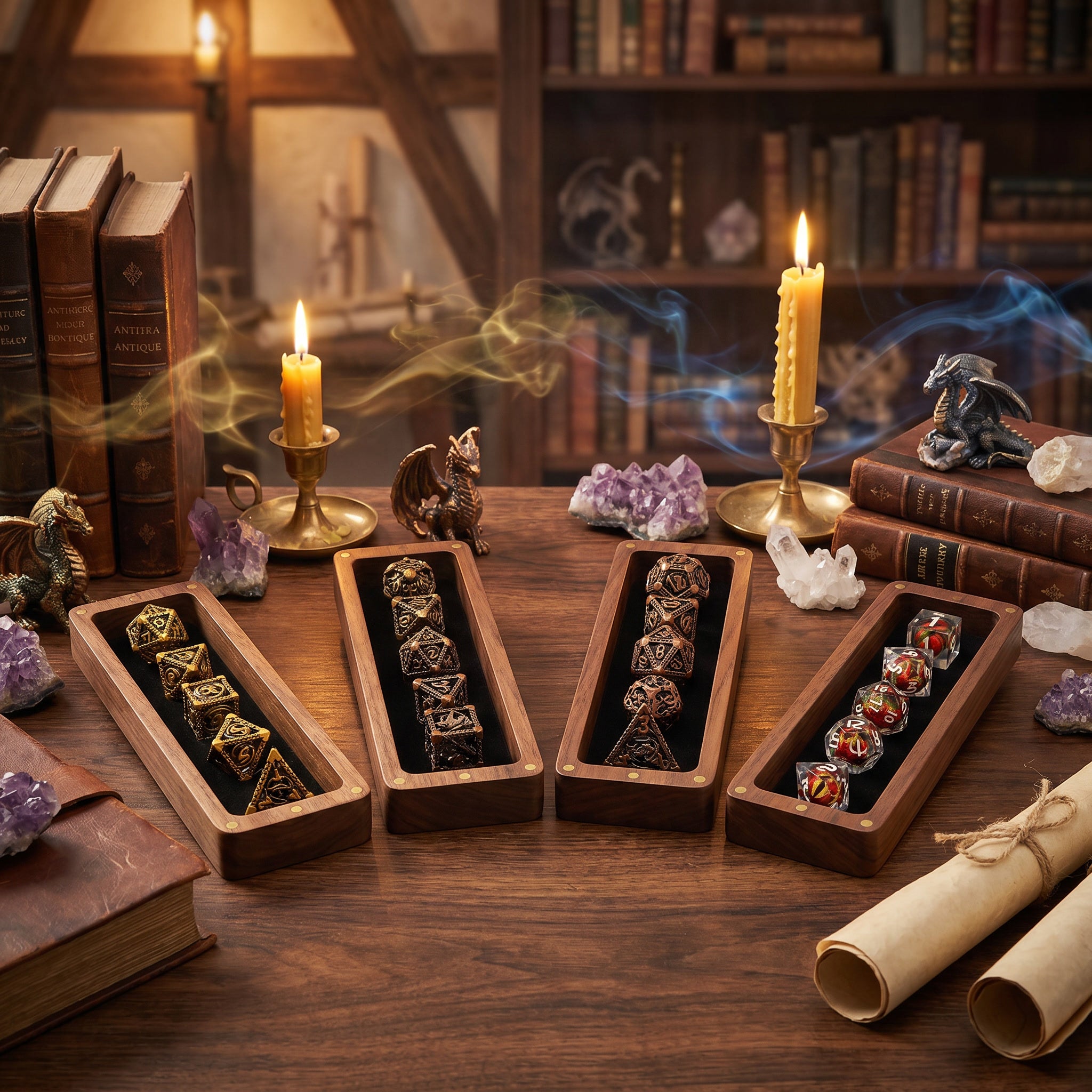 Premium dragon-themed polyhedral dice sets displayed in a fantasy tabletop setting.