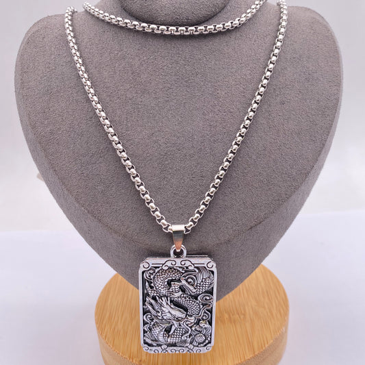 Stainless Steel Chinese Dragon Rectangular Pendant and chain