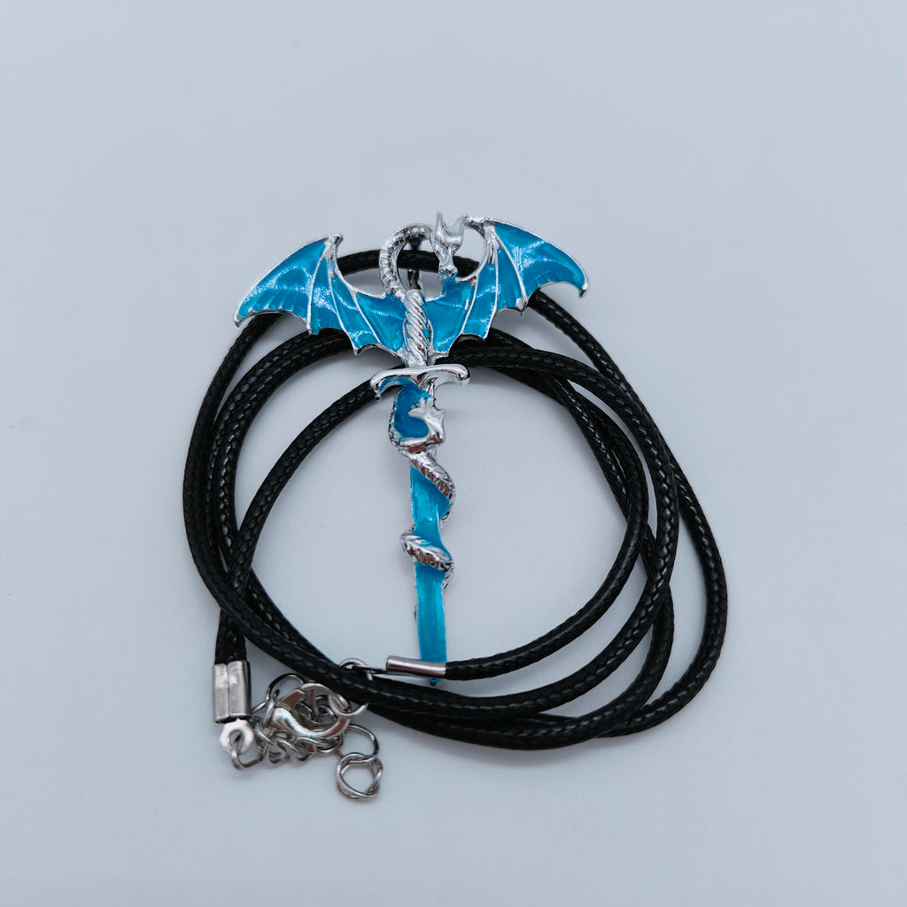 Blue dragon sword necklace with braided black cord and clasp