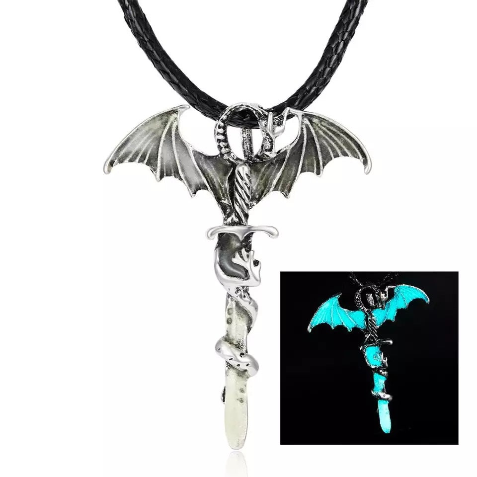 Light blue glow in the dark dragon sword necklace