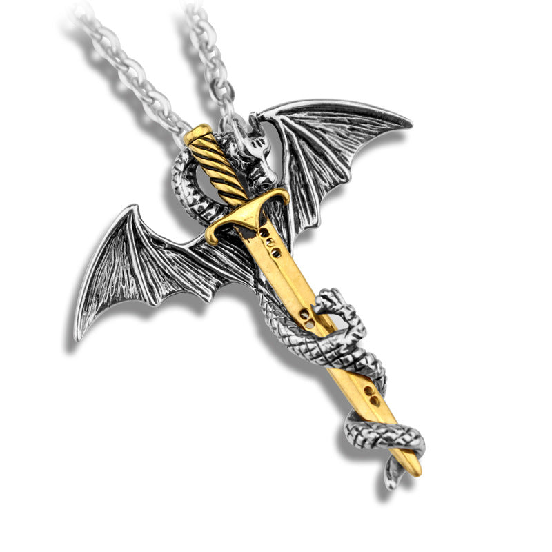 Detailed winged dragon wrapped around a gold-tone sword pendant