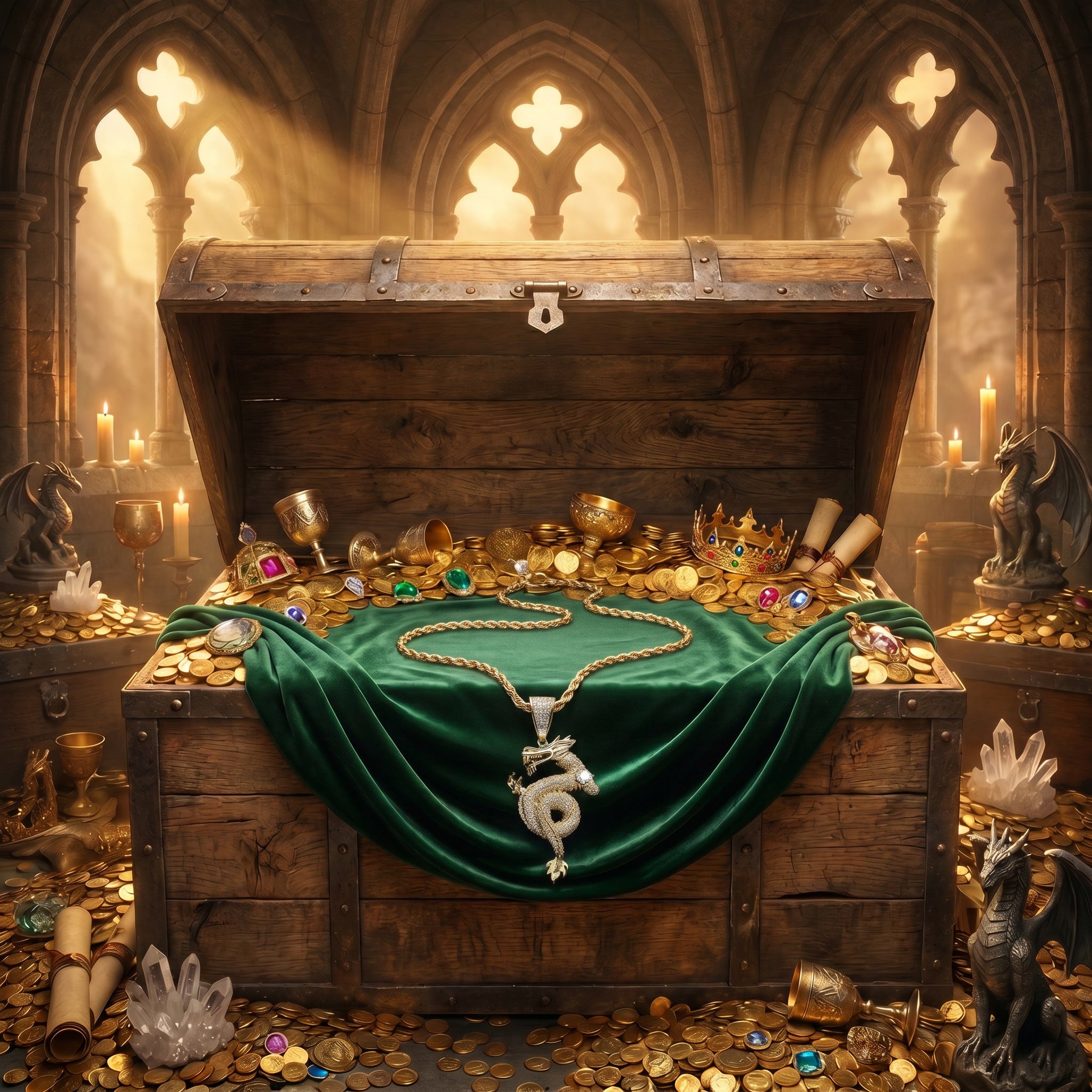 Dragon crystal pendant displayed within the legendary Dragon's Hoard treasure chest surrounded by ancient gold and precious gems.