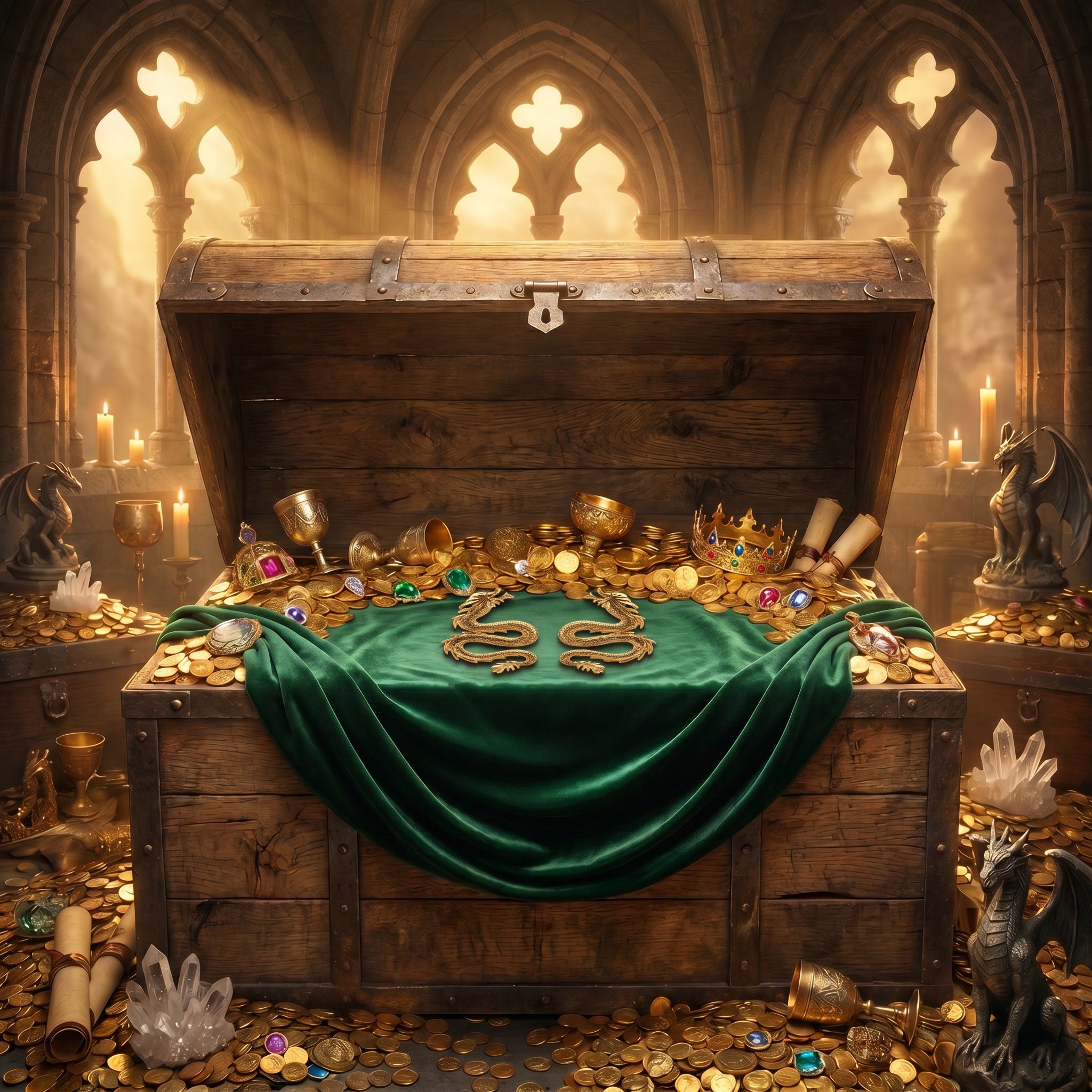 Gold dragon earrings displayed within the legendary Dragon's Hoard treasure chest surrounded by ancient gold, precious gems and timeless fantasy treasures.