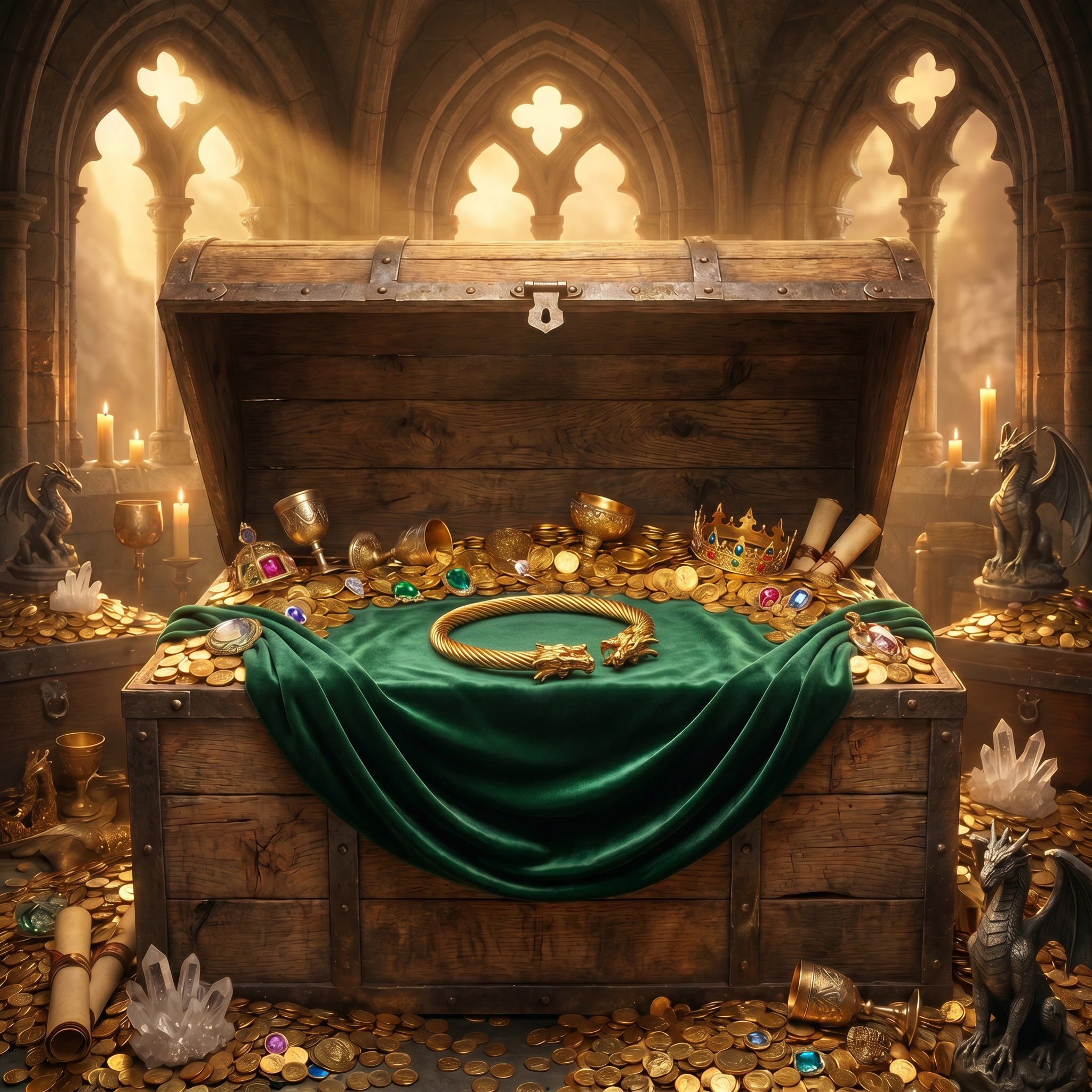Gold dragon head bangle displayed within the legendary Dragon's Hoard treasure chest surrounded by ancient gold, precious gems and timeless fantasy treasures.