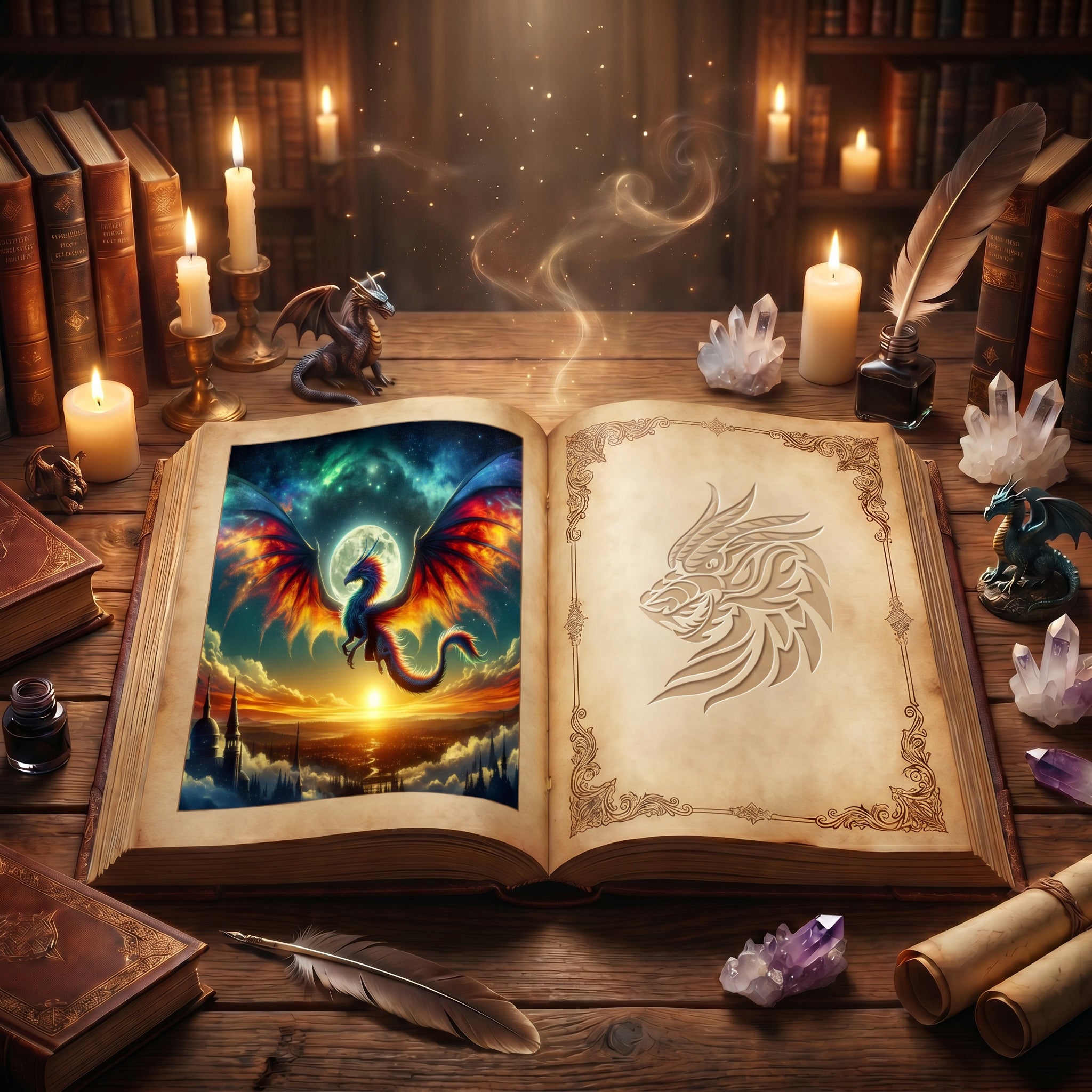 Dragon's Moonlit Treasure illustrated within an antique fantasy storybook in the DragonZone Archives.