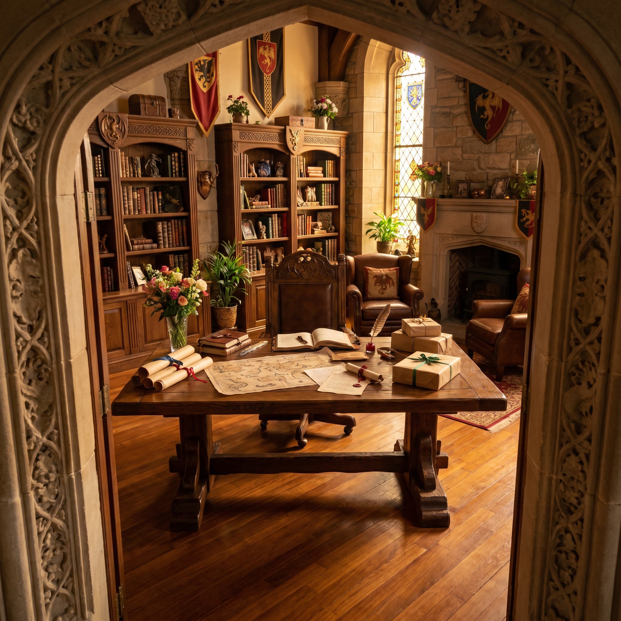 A warm medieval fantasy study inside DragonZone, featuring handcrafted timber furniture, maps, journals, wrapped parcels, dragon-inspired décor and a welcoming fireplace, reflecting the care and passion of an Australian family-owned business.