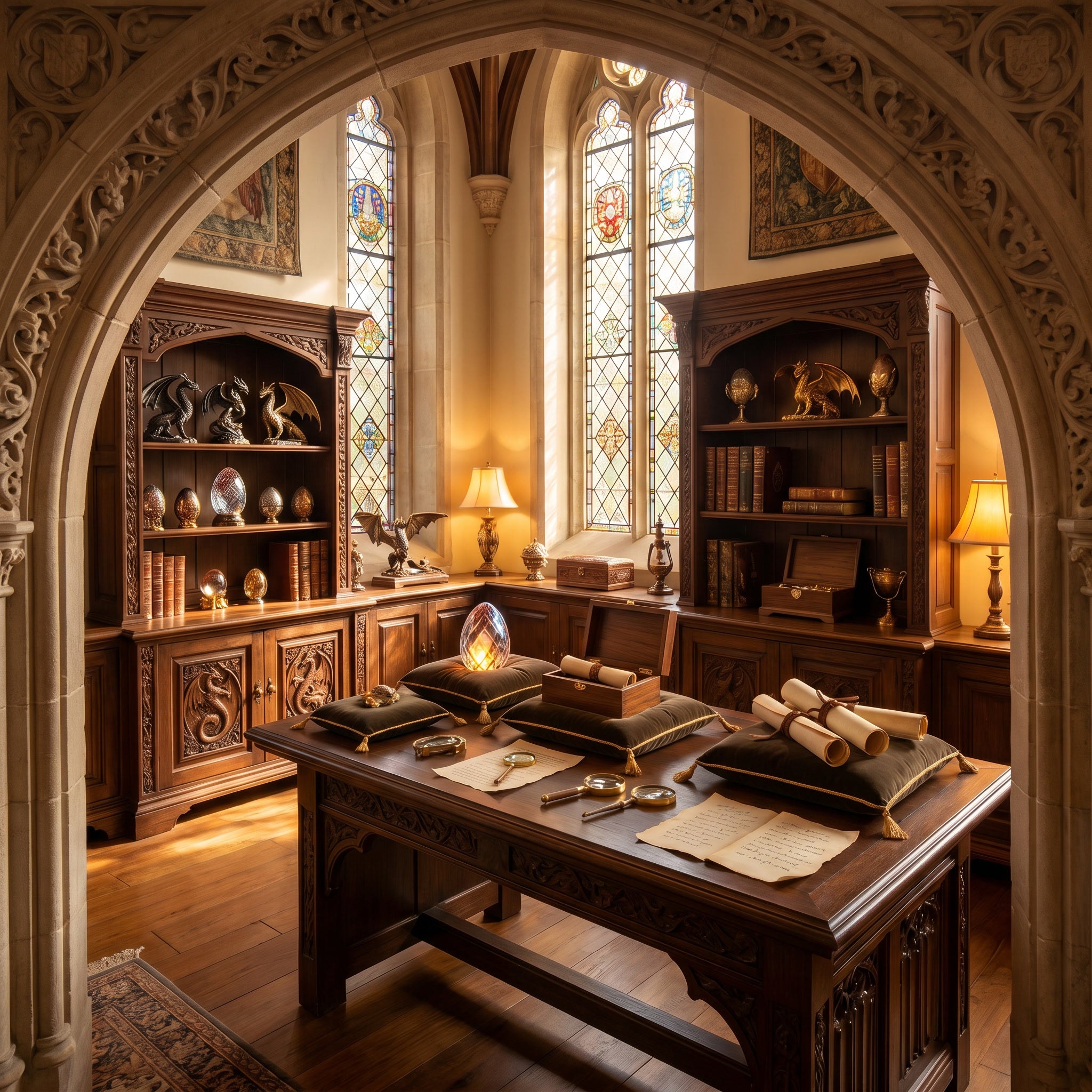 A beautifully curated medieval fantasy treasure showroom inside DragonZone, displaying carefully chosen dragon figurines, illuminated dragon eggs, ancient books, ornate keepsake boxes and handcrafted artefacts arranged on elegant timber displays beneath warm stained-glass light.