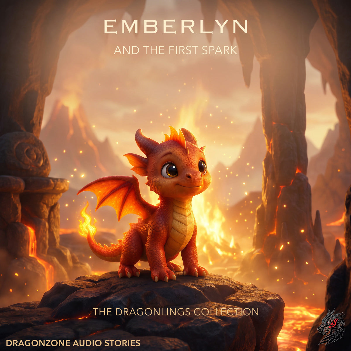 Emberlyn and the First Spark Dragonlings audiobook cover featuring a cute orange fire dragon in a glowing volcanic cavern, by DragonZone Audio Stories.