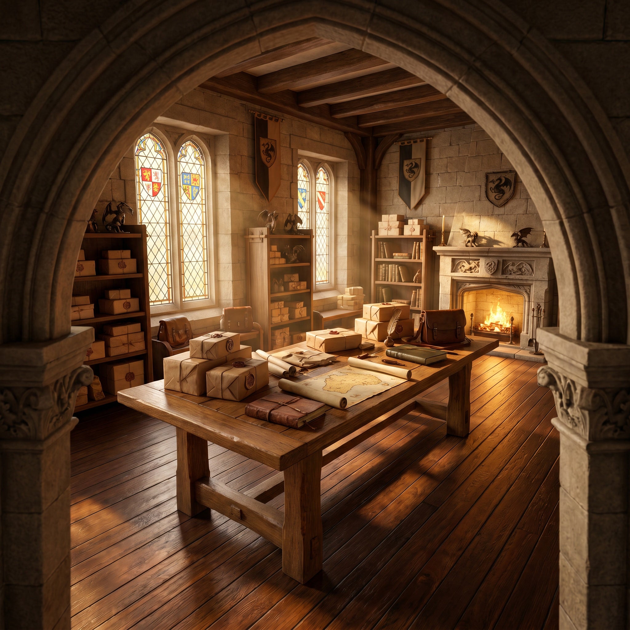 A beautifully organised medieval fantasy dispatch hall with wrapped parcels, wax seals, parchment maps, timber shelves and dragon-inspired décor, representing DragonZone's fast Australia-wide shipping service.