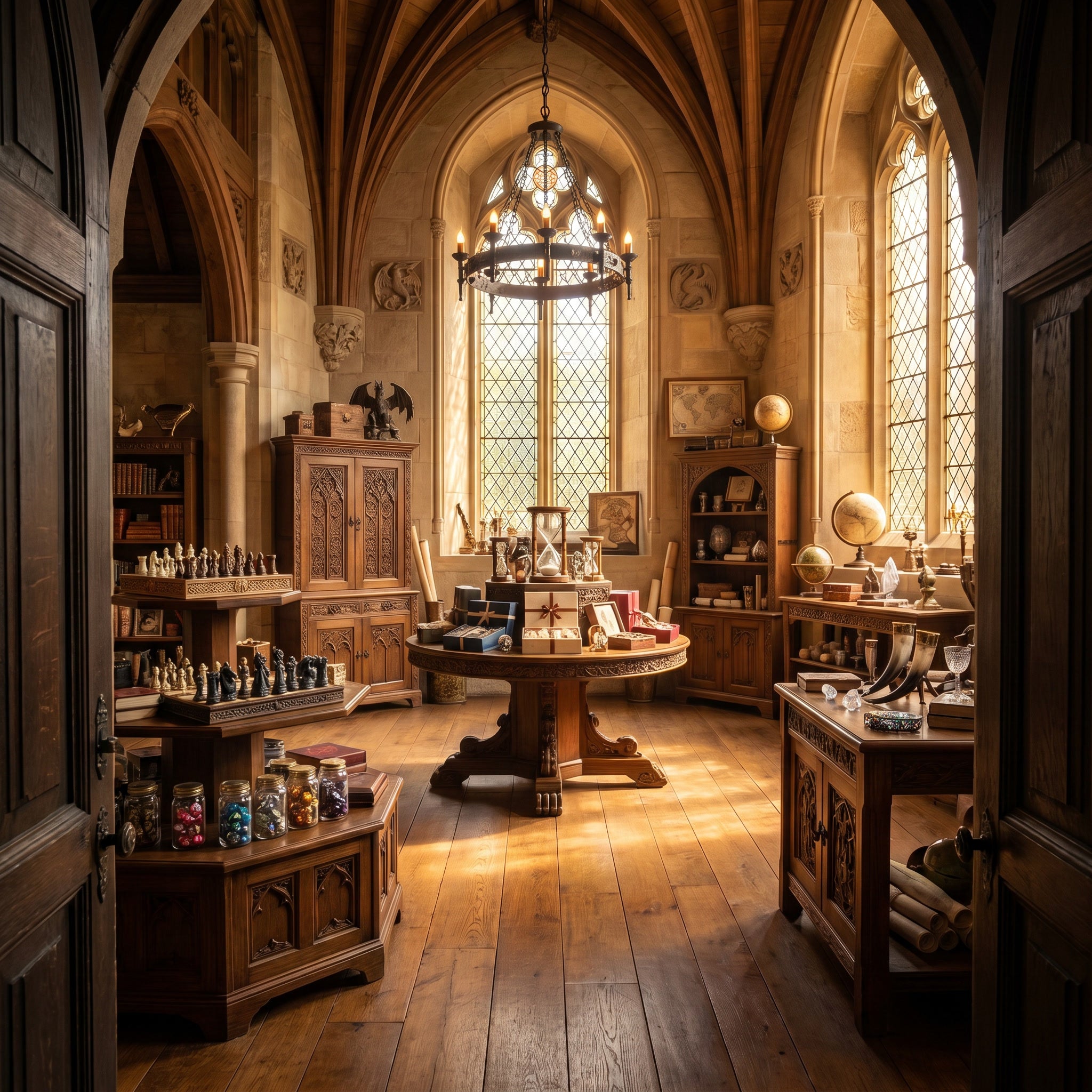 Step inside DragonZone's Games & Gifts Guild Hall, where fantasy dice, chess sets, tarot cards, journals and handcrafted treasures fill a warm medieval curiosity hall.