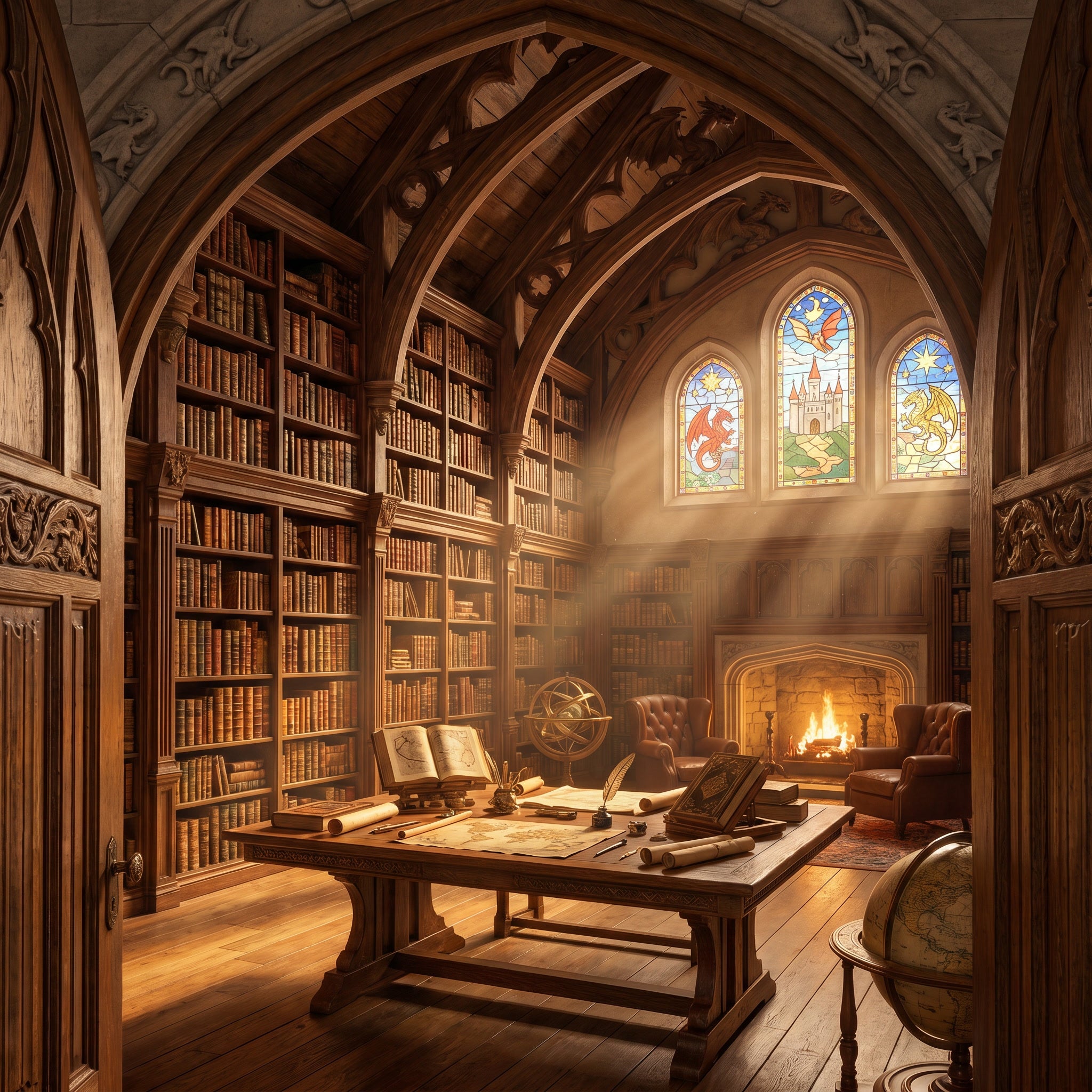 Step inside DragonZone's Grand Library, where towering bookshelves, ancient dragon manuscripts, maps and a warm fireplace invite visitors to discover fantasy stories and timeless lore.