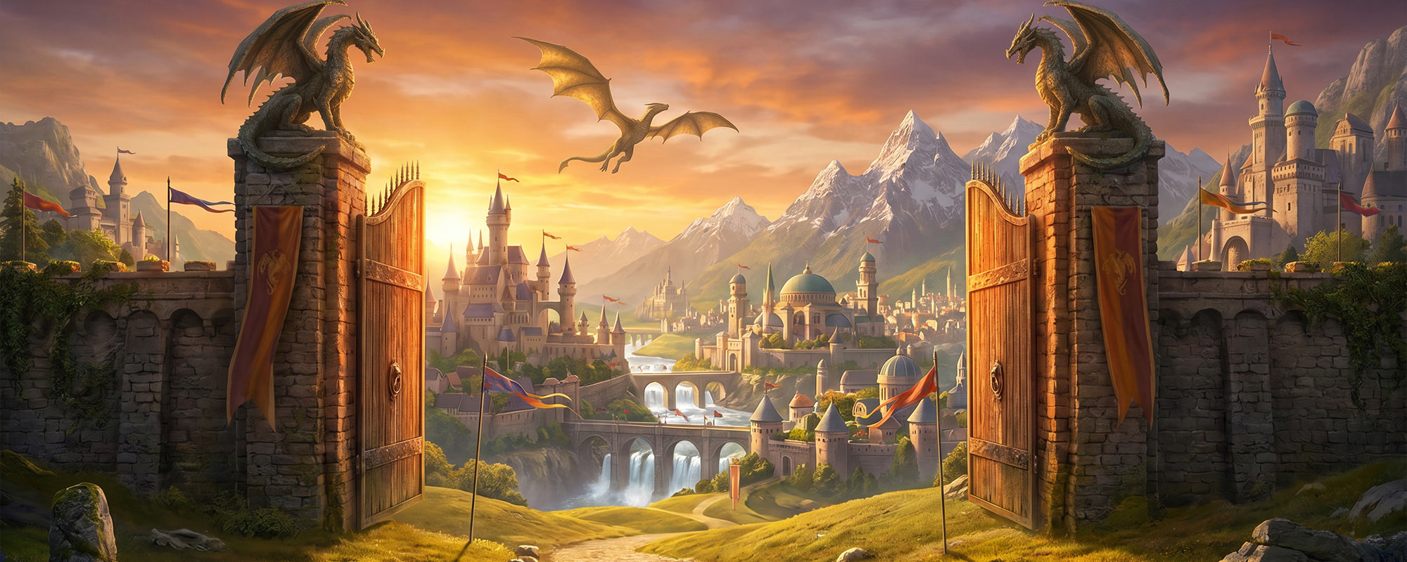 Open dragon gates leading to a majestic fantasy kingdom with castles, waterfalls and a guardian dragon at sunset