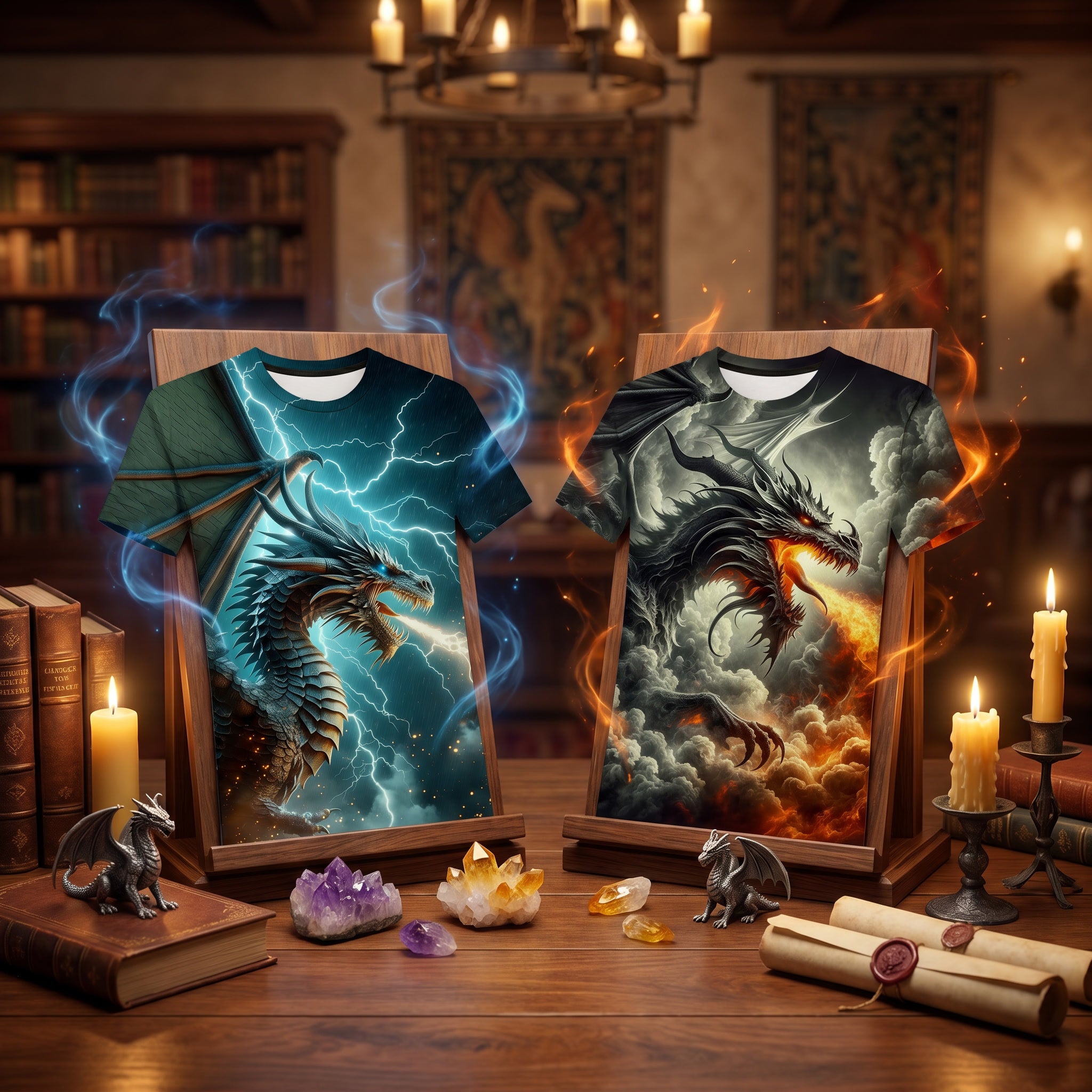 DragonZone exclusive fantasy t-shirts featuring original Stormbringer and Firestorm dragon artwork.