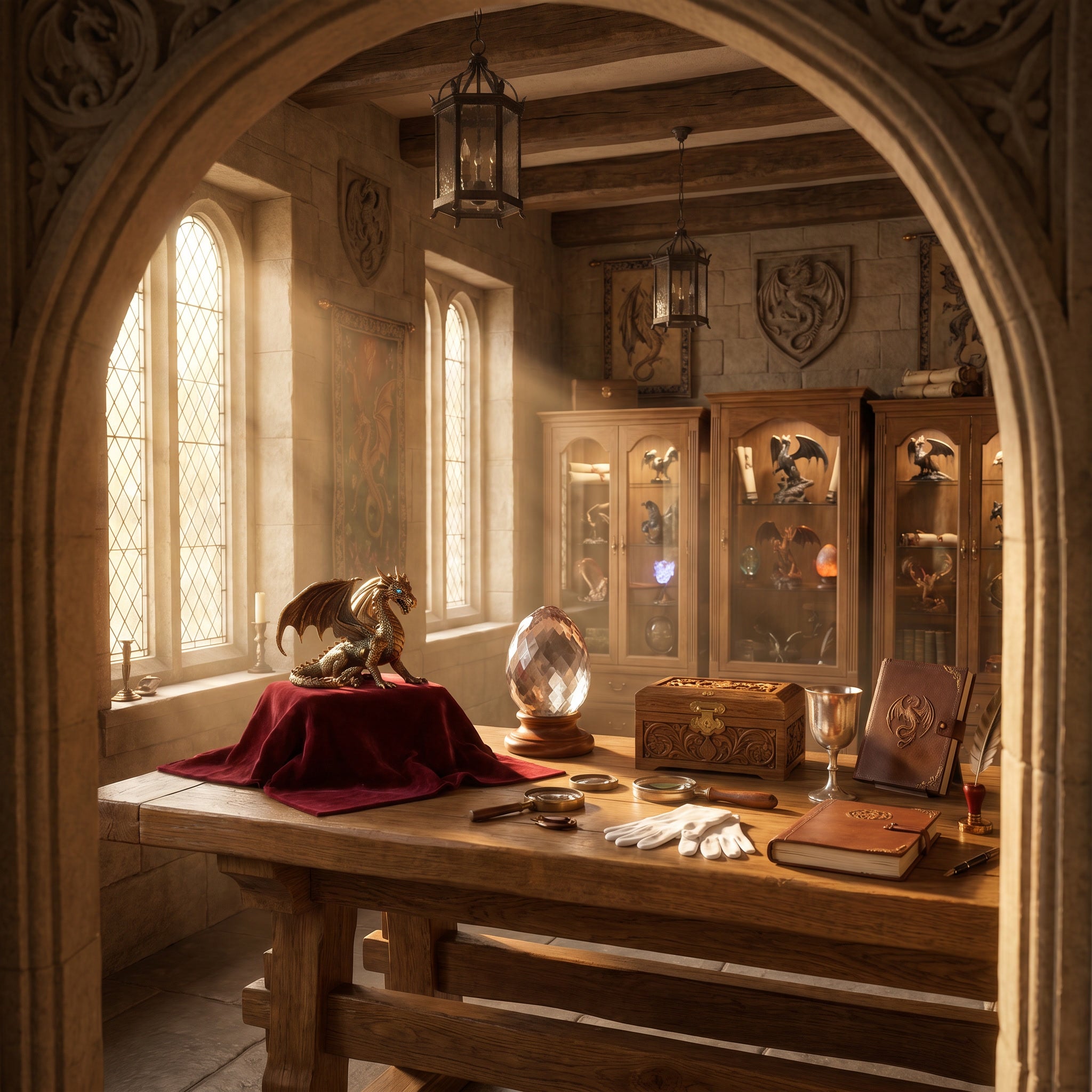 A premium medieval fantasy inspection workshop displaying dragon figurines, crystal eggs and handcrafted treasures awaiting careful quality inspection inside the DragonZone kingdom.