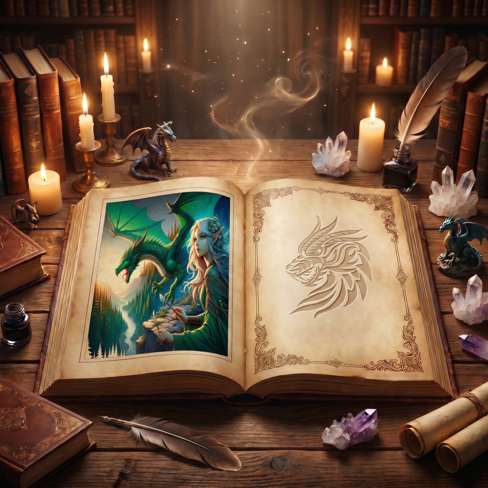 Open fantasy storybook featuring the Elf Maiden Dragon Bond illustration inside the DragonZone Archives.