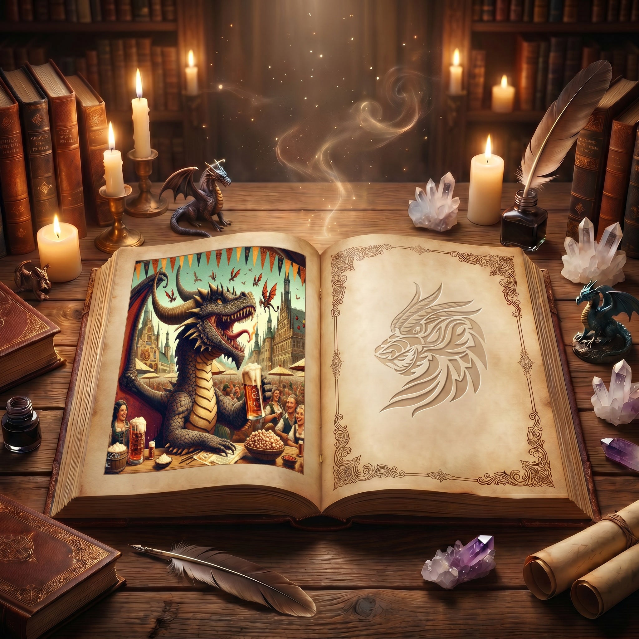 Ludwig the dragon enjoying the sights, music and festivities of Oktoberfest in a cheerful fantasy celebration.
