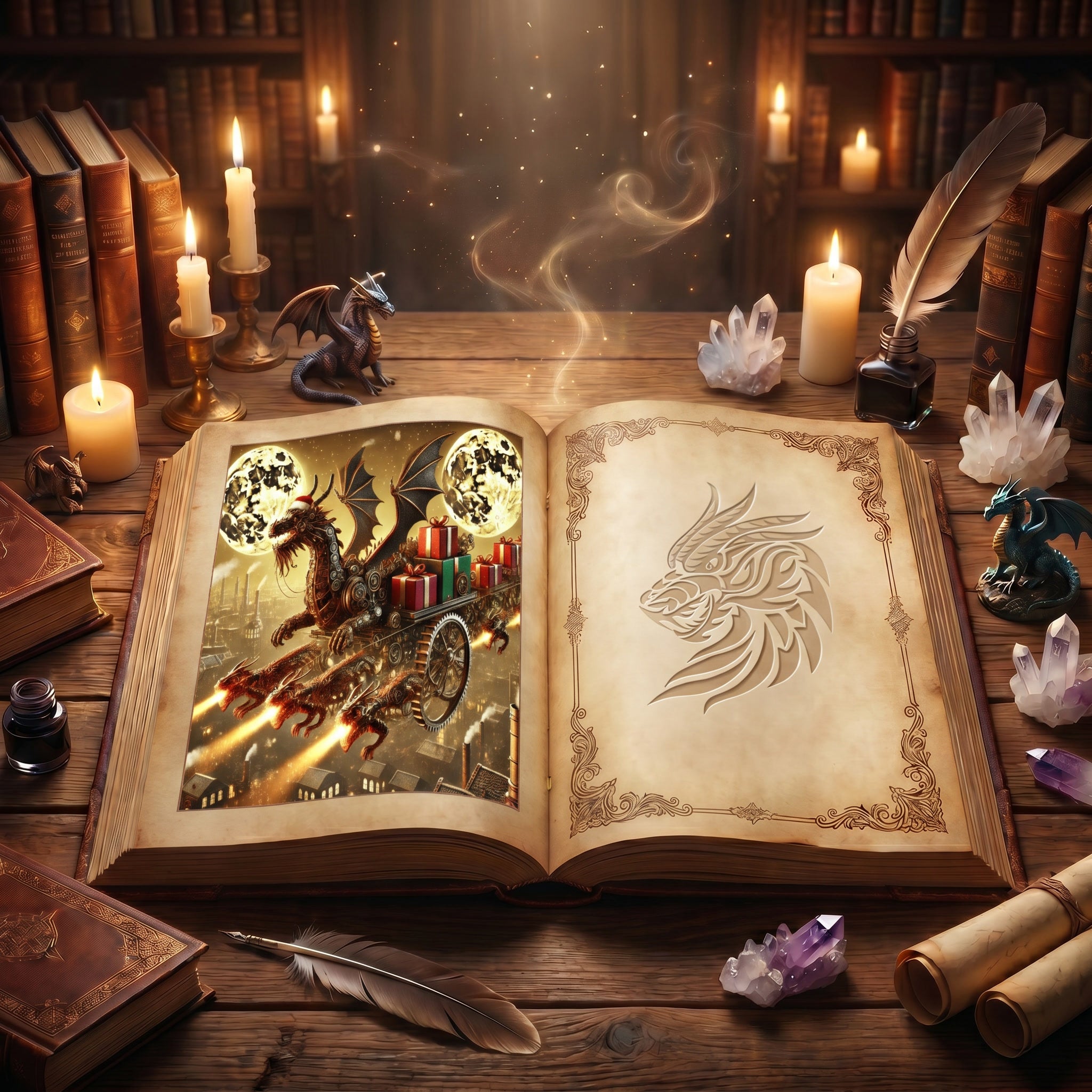 A festive steampunk dragon surrounded by intricate gears, glowing lights and holiday decorations in a magical Christmas workshop.