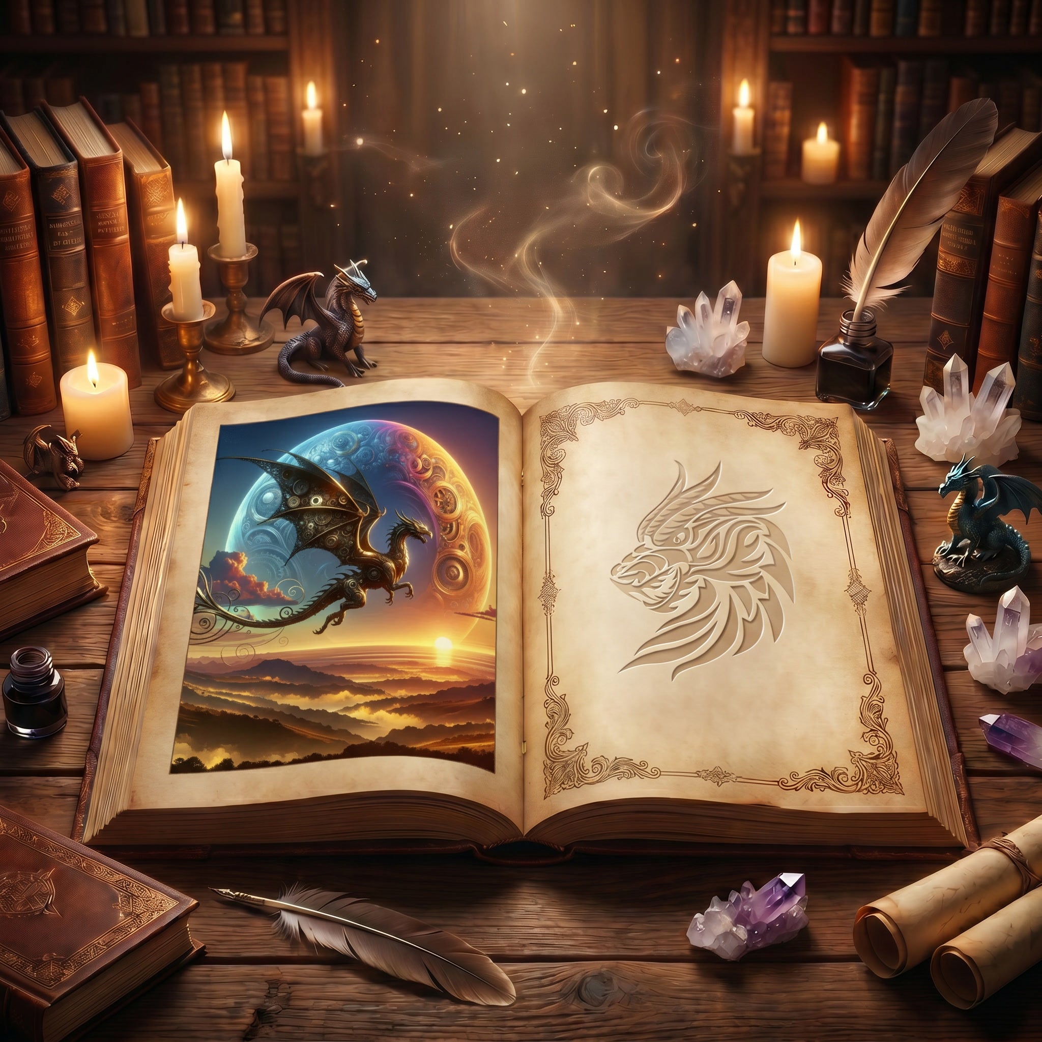 Illustration from The Song of Iron Skies, introducing the fantasy realm of Gearra beneath soaring dragons and ancient skies.